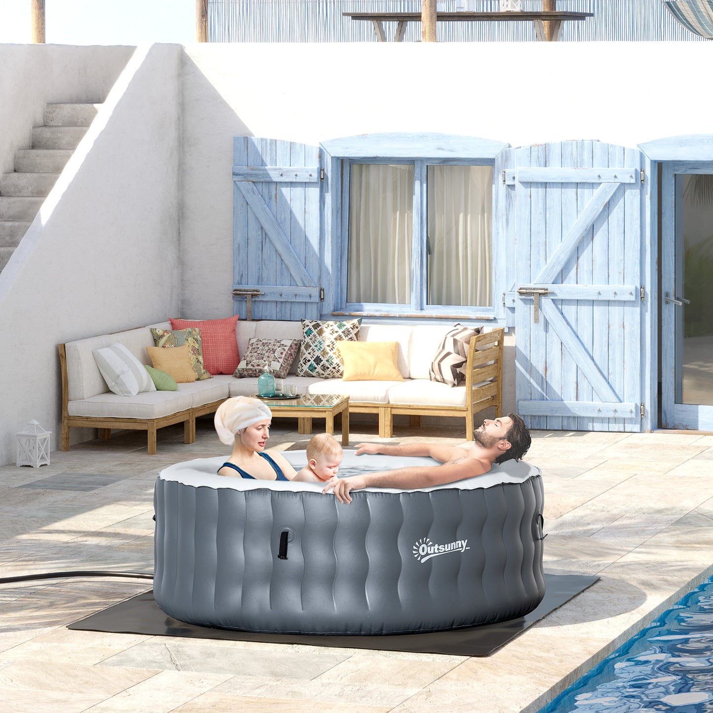 Outsunny Inflatable Round Hot Tub Spa for 4 - Light Grey Outdoor Bubble Pool with Pump and Accessories - ALL4U RETAILER LTD