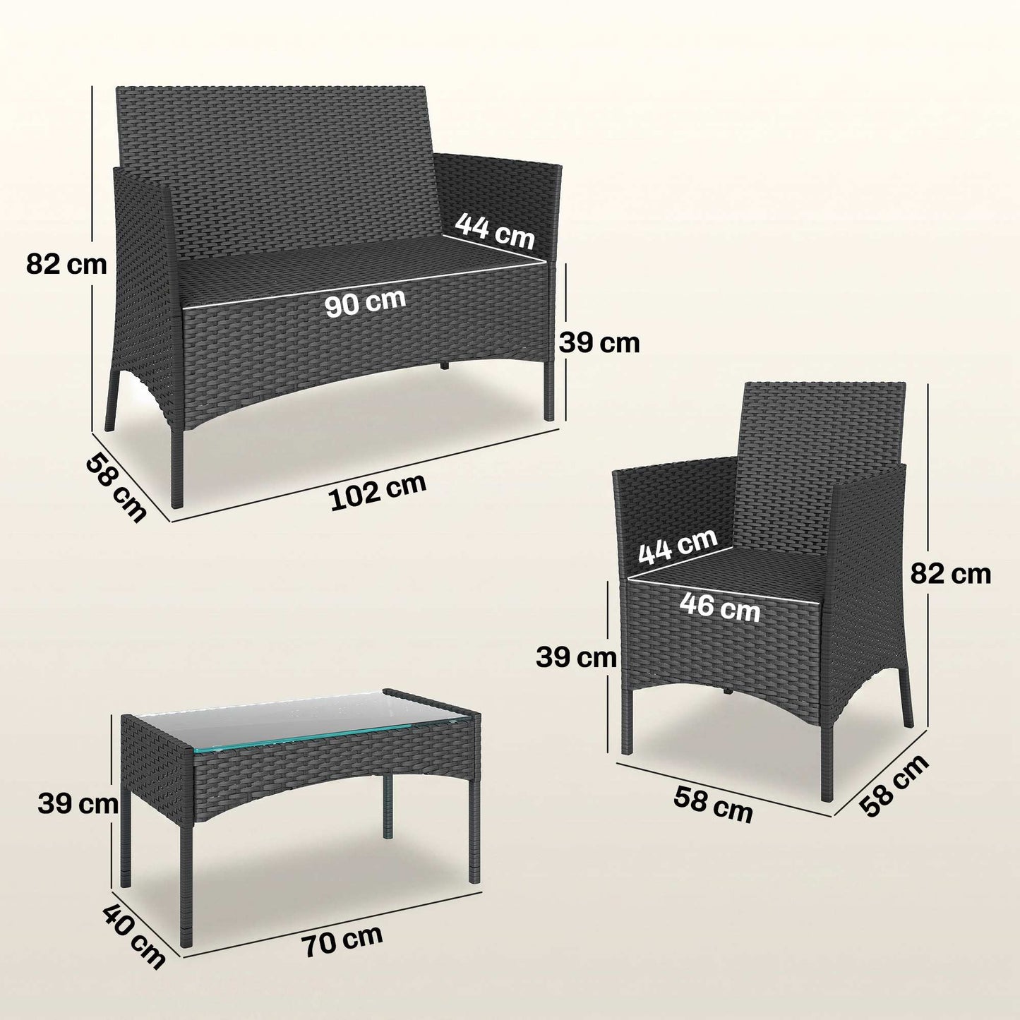 Outsunny 4 Piece Rattan Garden Furniture Set With Loveseat, Armchairs, Glass Top Coffee Table And Cushions Black