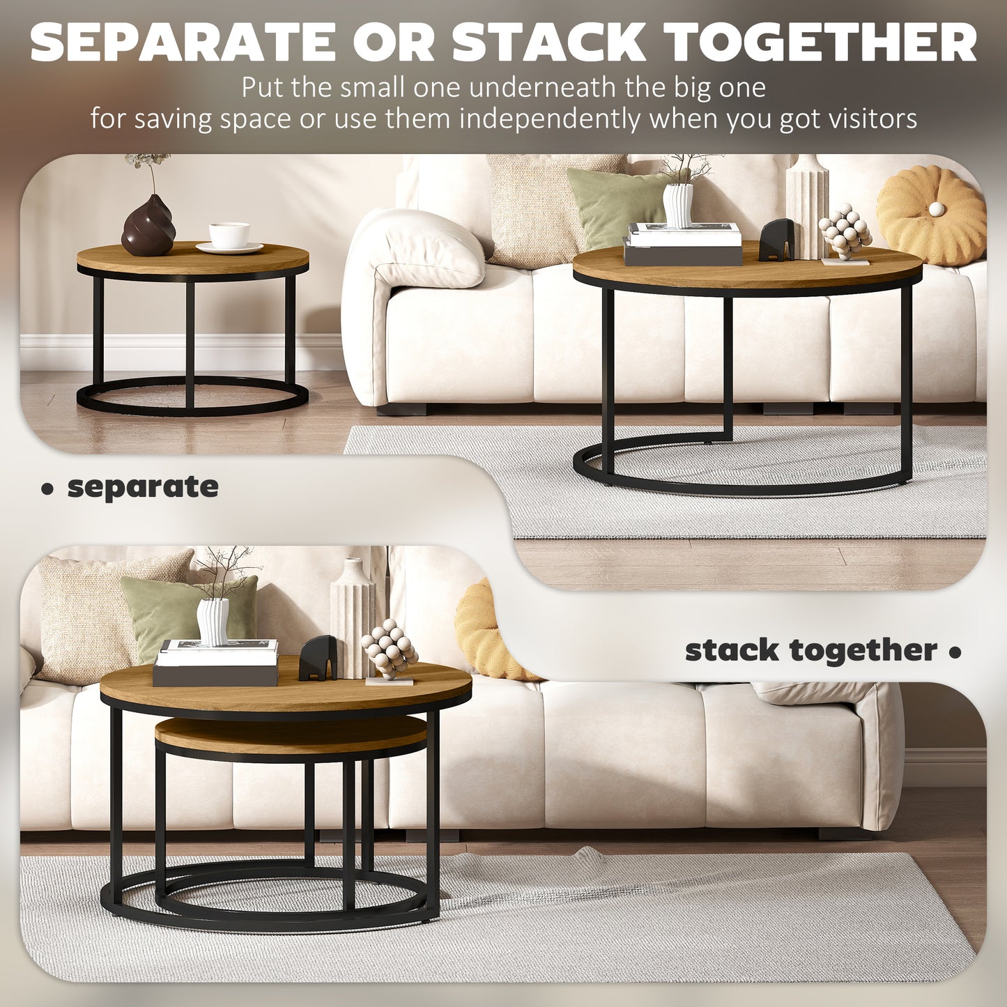 HOMCOM Set Of Two Wood Effect Stacking Tables Brown With Steel Base Small And Large For Compact Overlap Storage