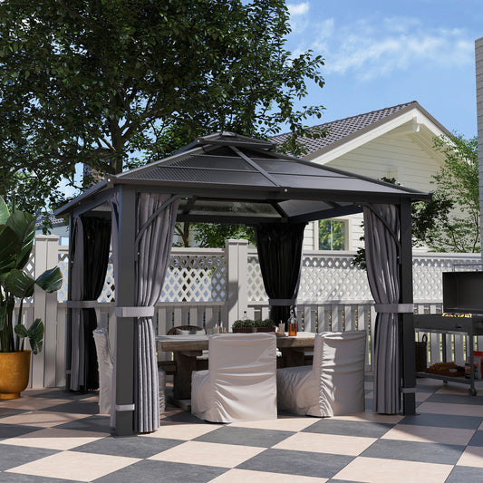 Outsunny 3m x 3m Hardtop Gazebo Canopy With 7mm Polycarbonate Roof Mosquito Netting And Curtains For Patio Dark Grey