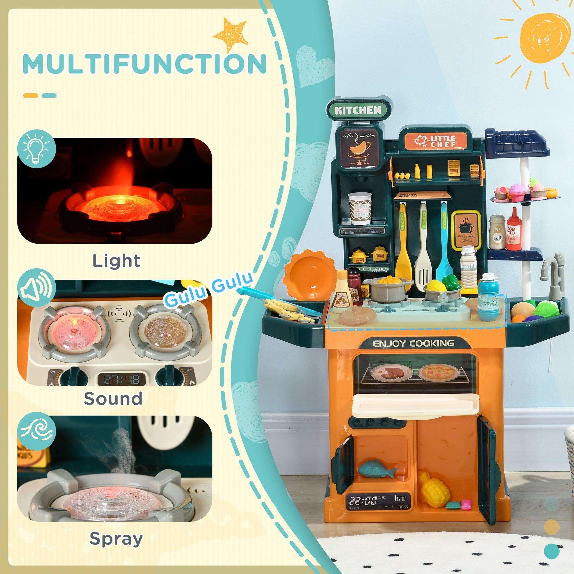 AIYAPLAY 77 Pieces Toy Kitchen with Sound and Light, Water Spray, Running Water - ALL4U RETAILER LTD