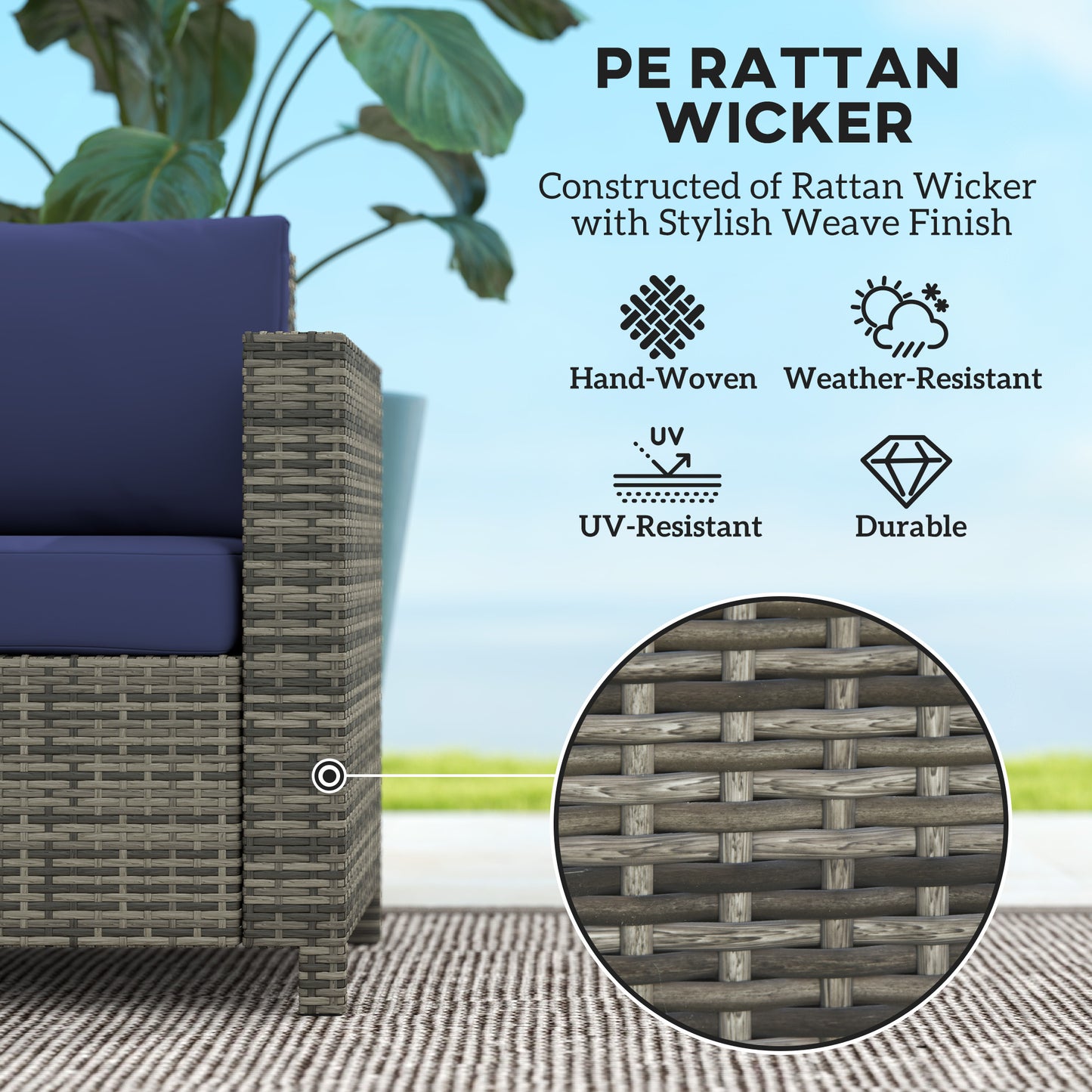 Outsunny Rattan Sofa 2 Seater Garden Furniture Wicker Loveseat With Soft Padded Cushions And Armrests Navy Blue