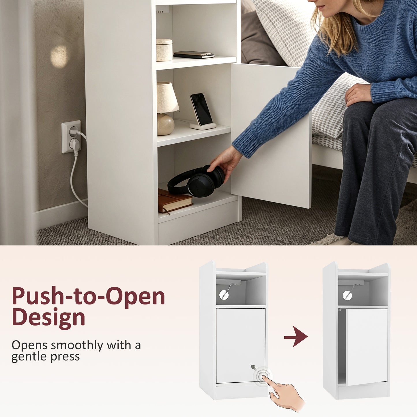 HOMCOM Set Of 2 Slim White Bedside Tables With USB Charging Station And Adjustable Shelf
