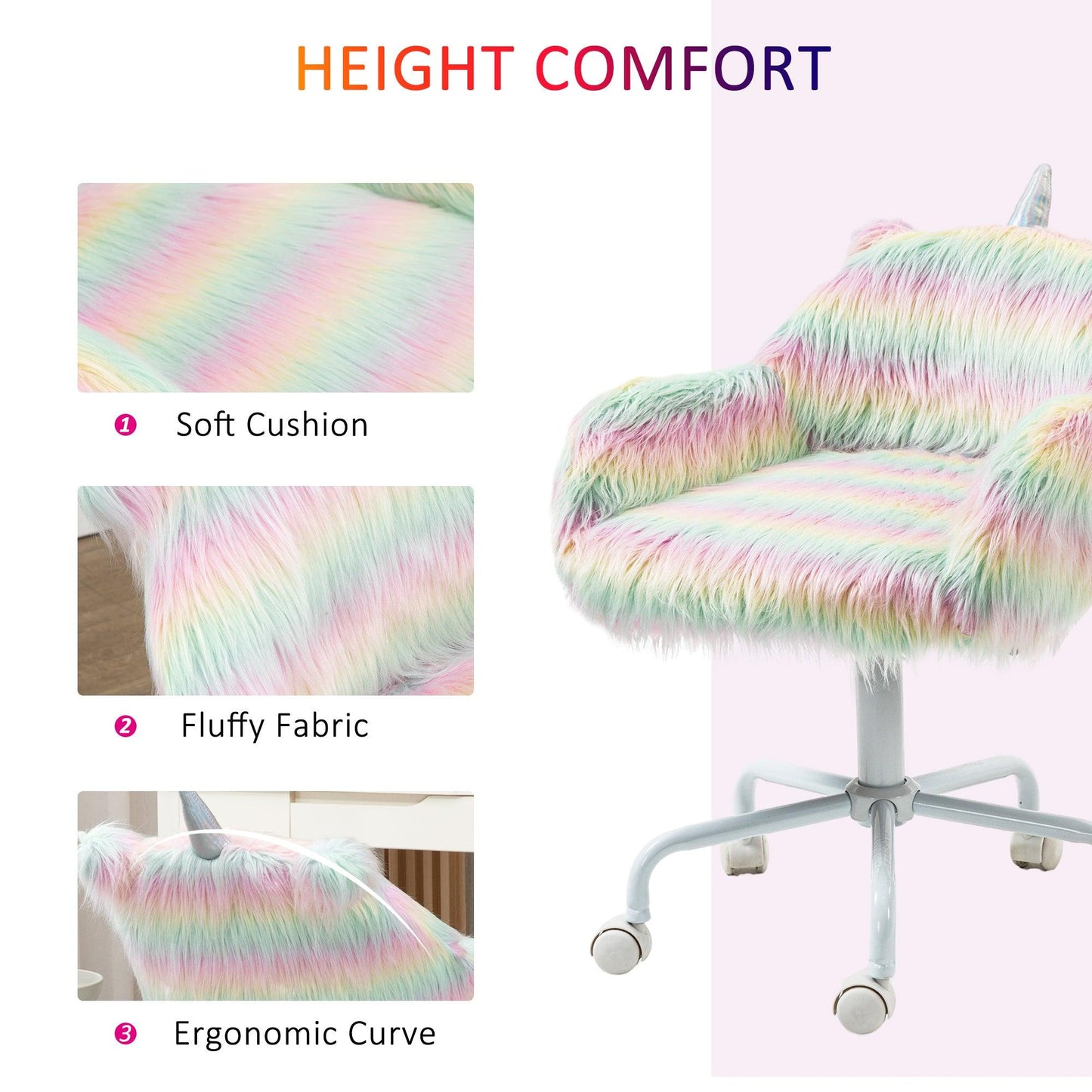 Vinsetto Unicorn Office Chair, Height Adjustable Fluffy Desk Chair - ALL4U RETAILER LTD