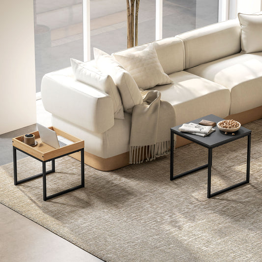 HOMCOM Set Of Two Boxy Nesting Tables Black And Wood Effect Tray Top End Tables Versatile