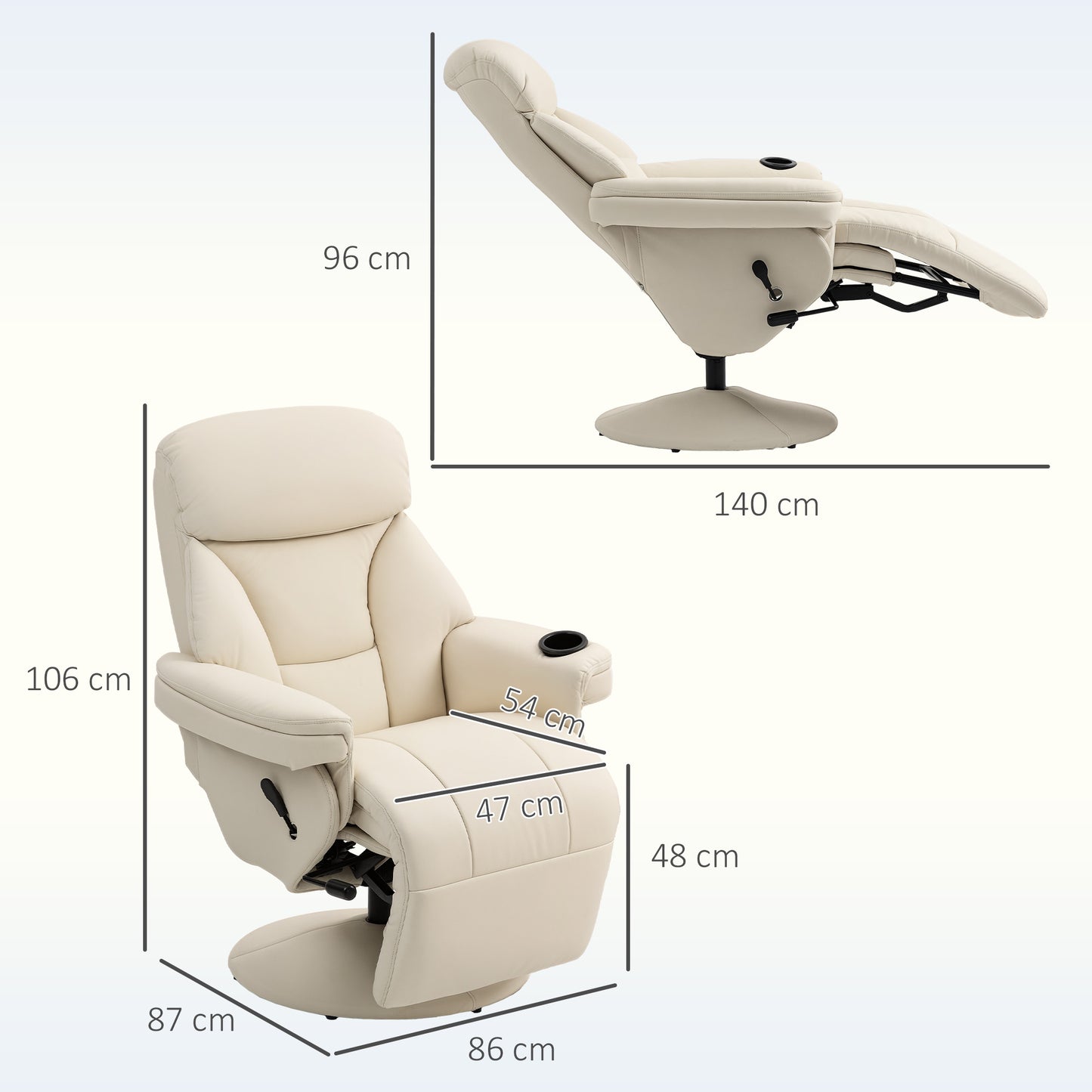 HOMCOM Manual Recliner Chair With Footrest Cup Holder PU Leather Swivel Armchair For Living Room Bedroom Cream White