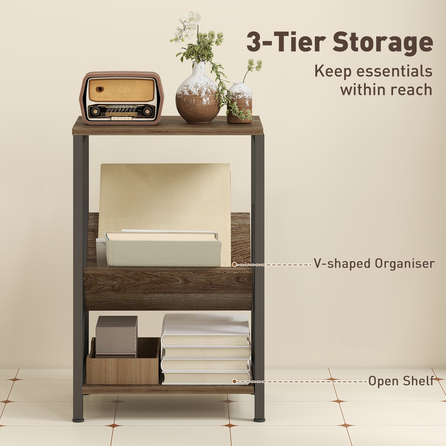 HOMCOM Narrow Side Table With 3 Tier Storage V Shaped Magazine Holder Oak Wood Effect Finish And Black Steel Frame