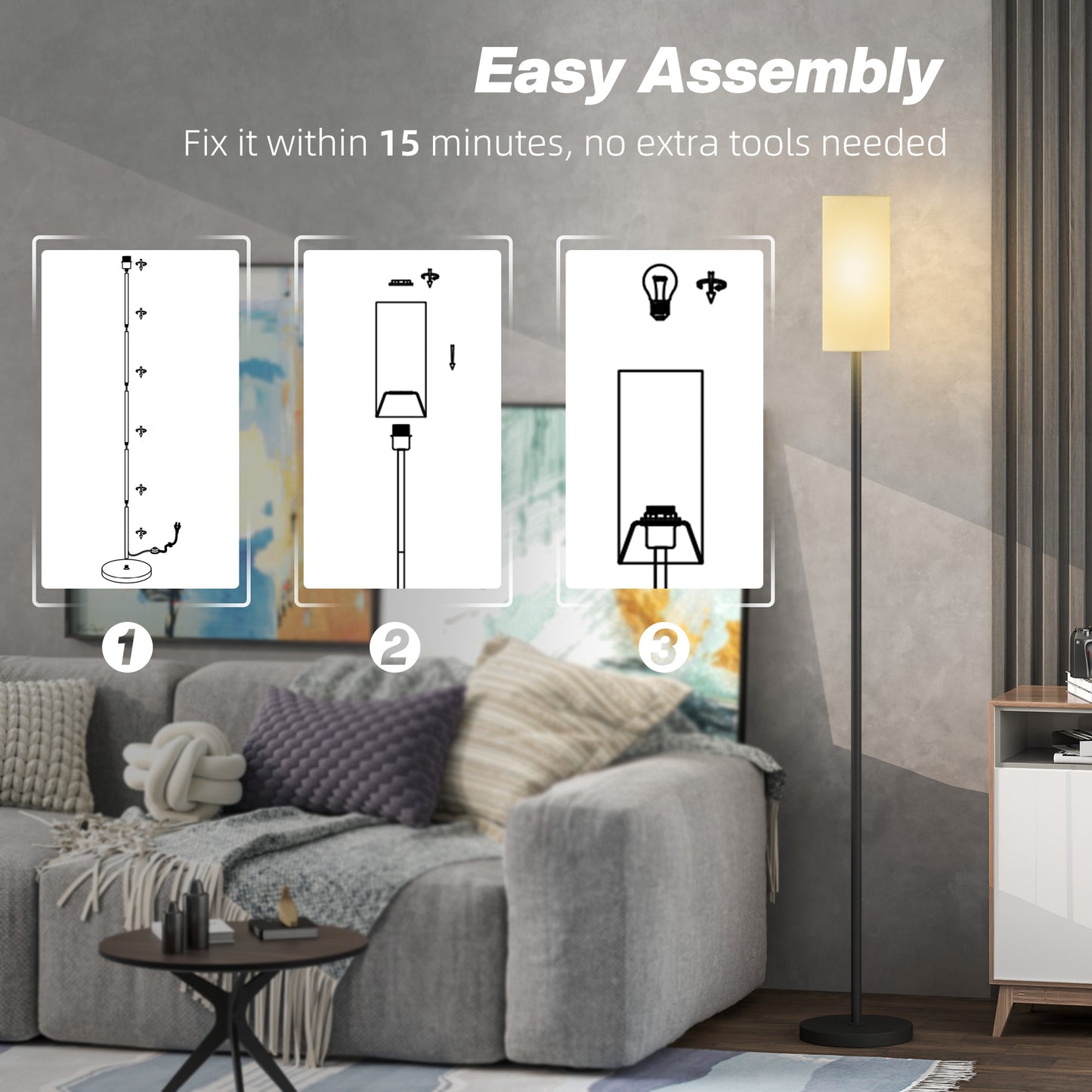 HOMCOM Floor Lamp For Living Room Modern Standing Lamp With Linen Shade And Foot Switch Minimalist Tall Pole White
