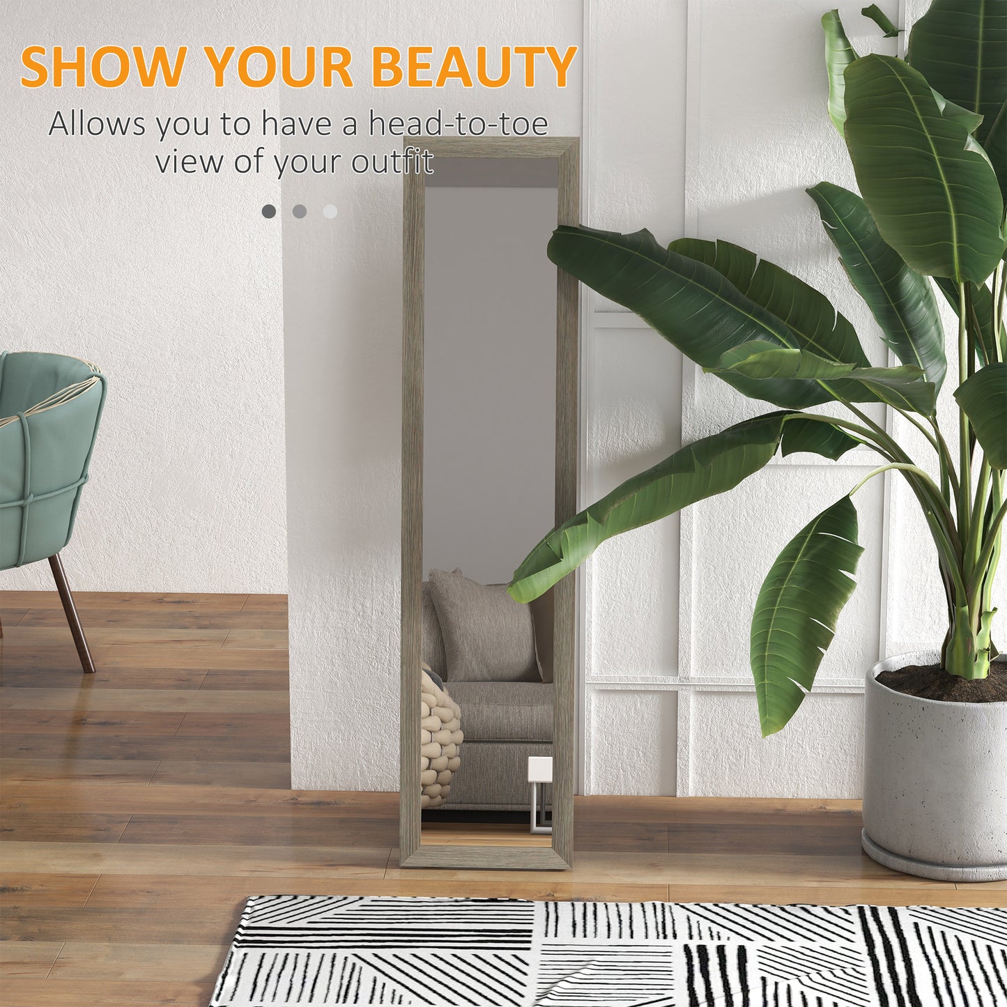 HOMCOM Full Length Mirror 37 X 157 cm Rectangular Full Body Mirror Grey Living Room And Bedroom Hanging Or Freestanding