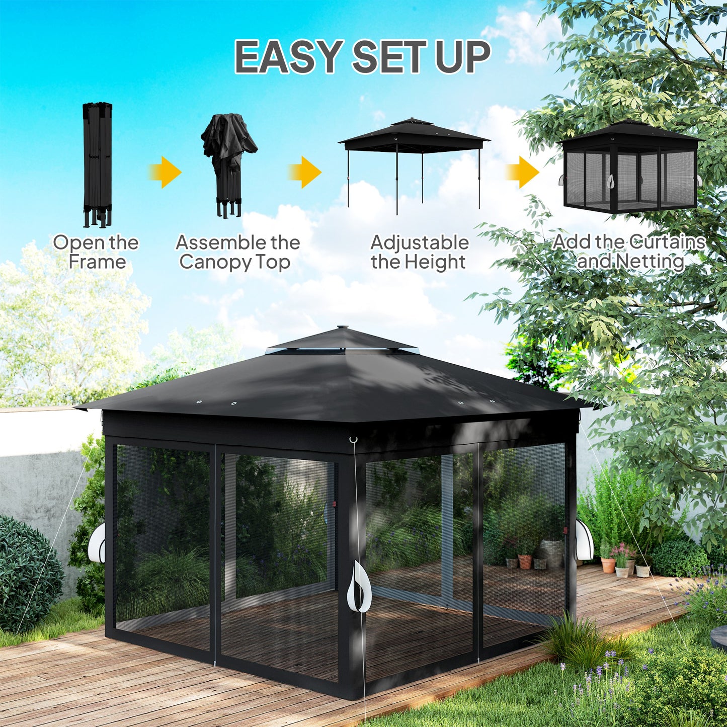 Outsunny 3.36 x 3.36m Pop Up Gazebo With Solar Powered LED Lights Netting Adjustable Height 250 To 270cm Black
