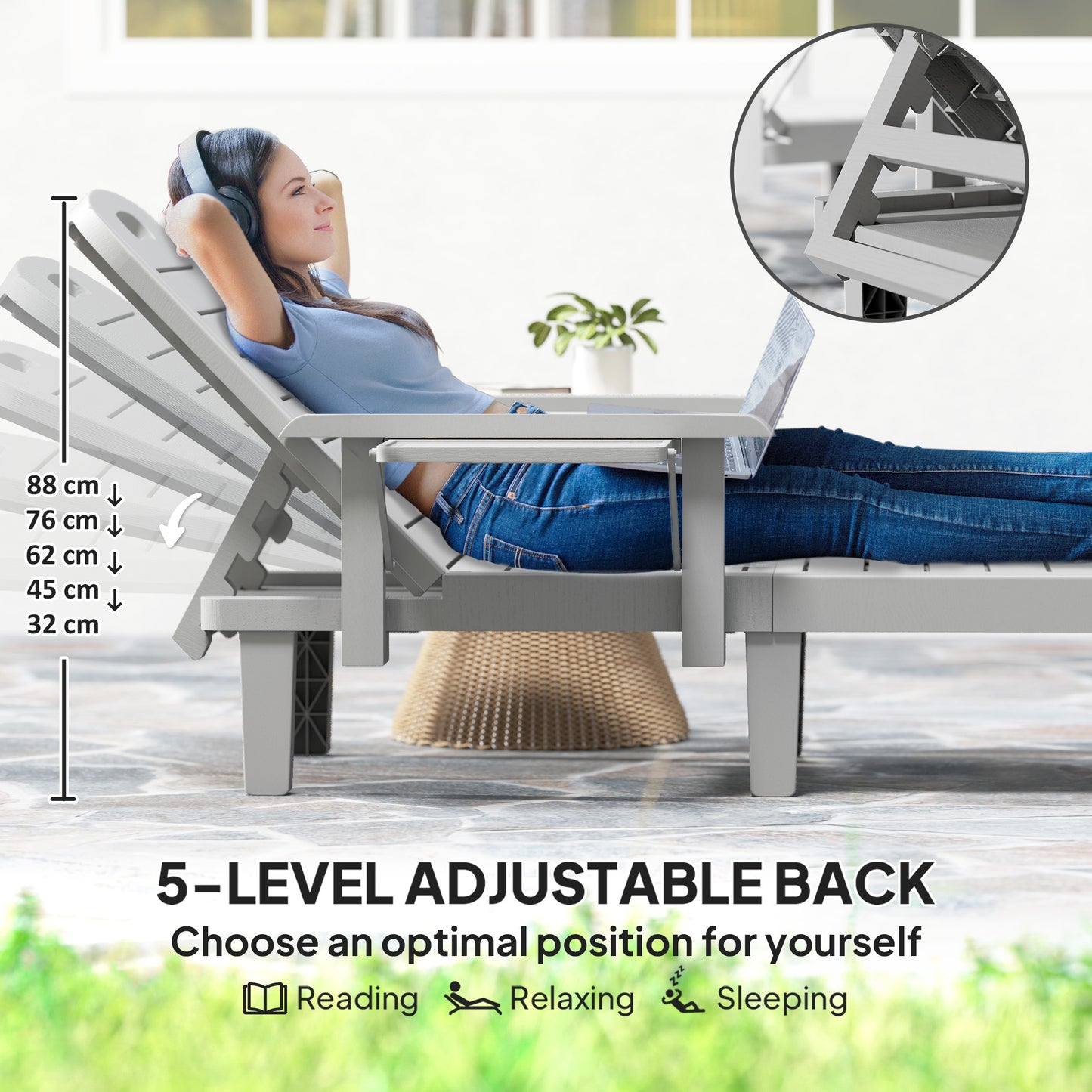 Outsunny Set Of 2 Resin Sun Loungers For Garden 5 Position Adjustable With WoodTexture Foldable Side Table Light Grey