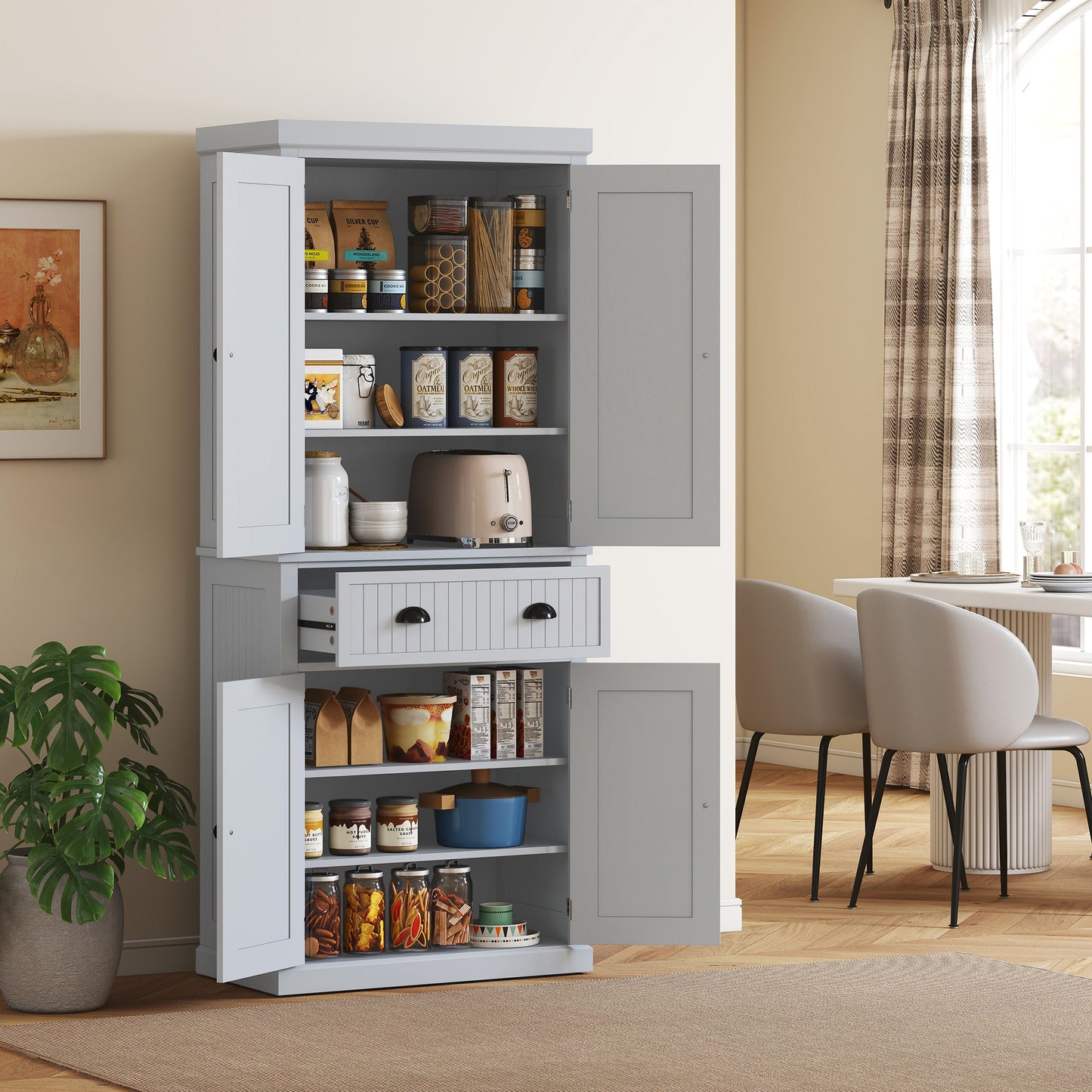 HOMCOM Multi Storage Mid Century Pantry Kitchen Cabinet Grey With 4 Doors And 3 Adjustable Shelves