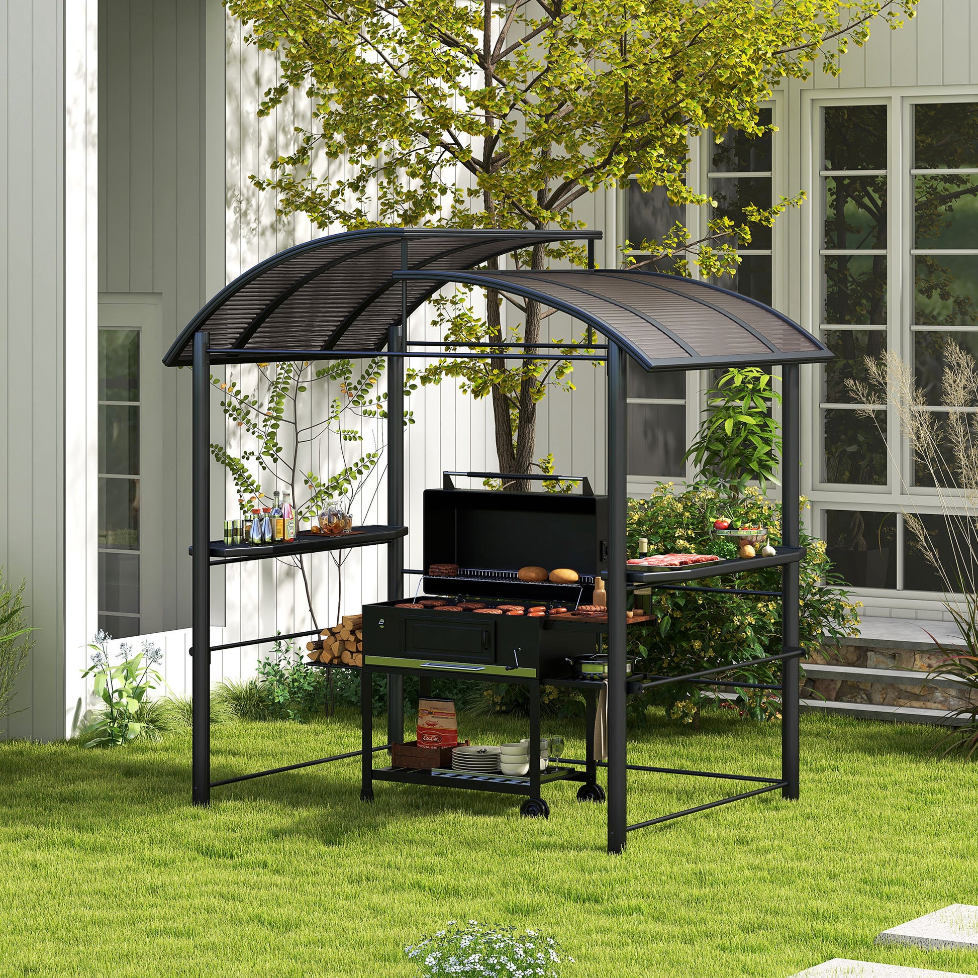 Outsunny 2.4 x 1.5m Weather-Resistant BBQ Gazebo with Shelves and PC Roof, Dark Grey - ALL4U RETAILER LTD