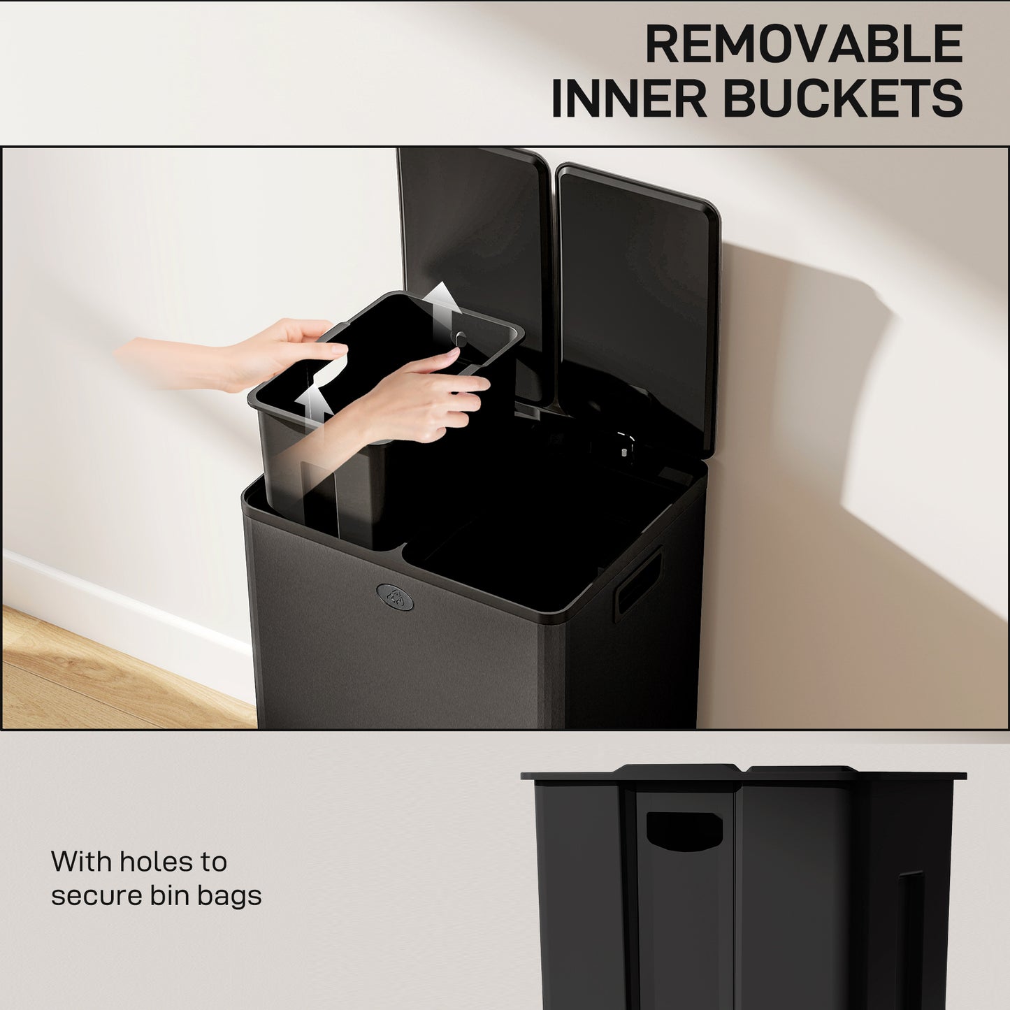 HOMCOM 56L Dual Compartment Stainless Steel Bin With Deodoriser Holders And Pedal Lid Black