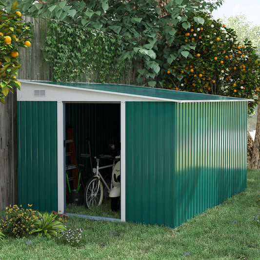 Outsunny 11.3x9.2ft Steel Garden Storage Shed w/ Sliding Doors & 2 Vents, Green - ALL4U RETAILER LTD