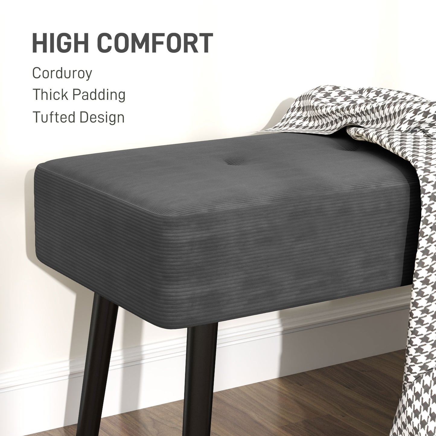 HOMCOM End Of Bed Bench With Corduroy Upholstery And Thick Padding Tufted Window Seat For Entryway And Living Room Grey