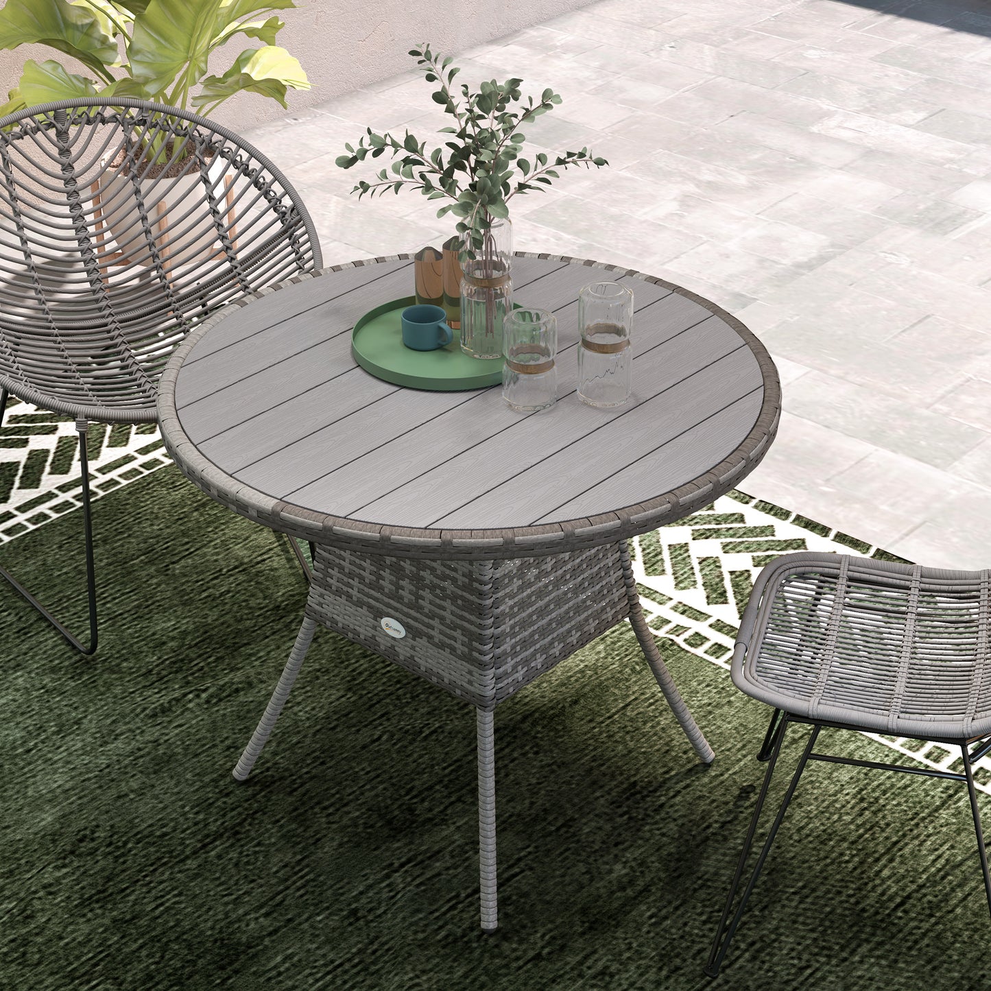 Outsunny 90 cm Wood Effect Rattan Garden Table With Galvanised Steel Frame Grey Outdoor Patio Furniture