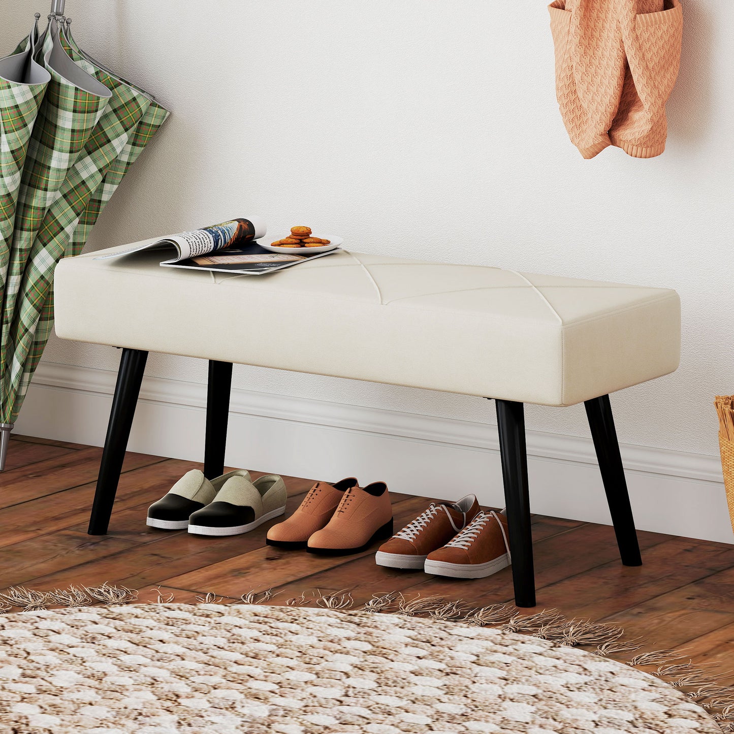 HOMCOM Cream Velvet Upholstered Hallway And End Of Bed Bench With X Shape Design And Steel Legs