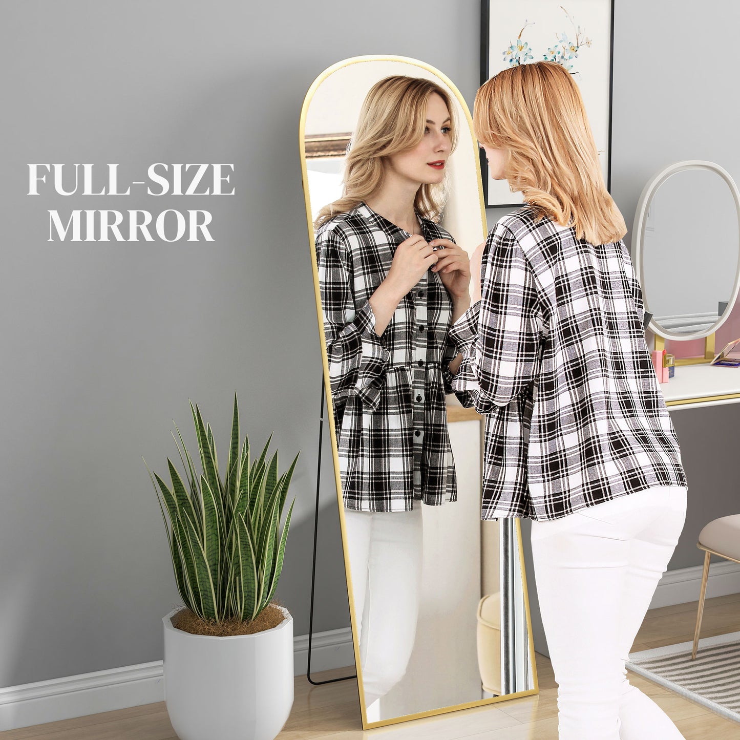 HOMCOM 162cm Aluminium Frame Standing Mirror Gold Two Way Design For Wall Mount Or Freestanding Back Leg