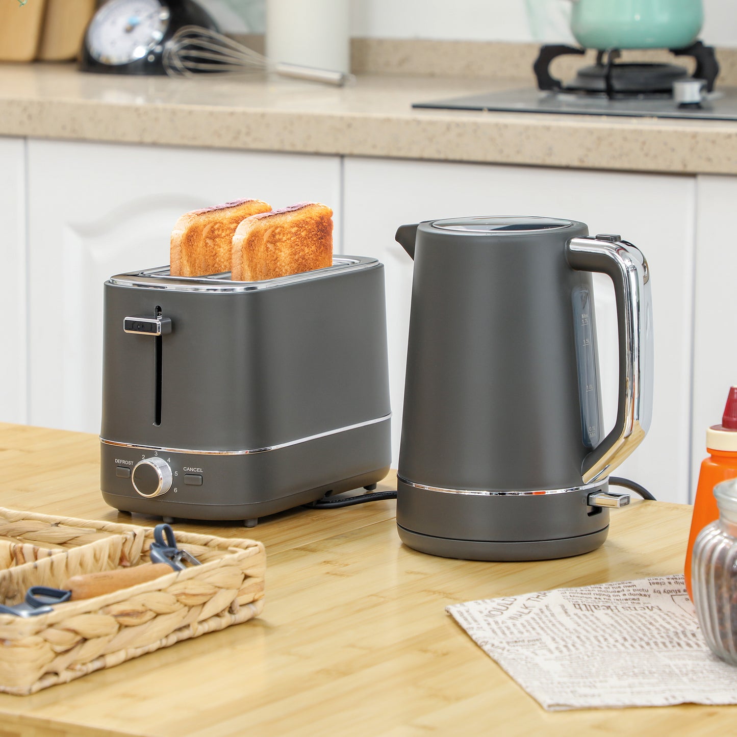 HOMCOM Kettle And Toaster Set 1.7L 3000W Fast Boil Kettle And 2 Slice Toaster With 6 Browning Levels Defrost Reheat Grey