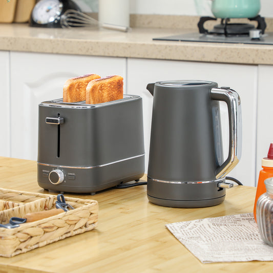 HOMCOM Kettle And Toaster Set 1.7L 3000W Fast Boil Kettle And 2 Slice Toaster With 6 Browning Levels Defrost Reheat Grey