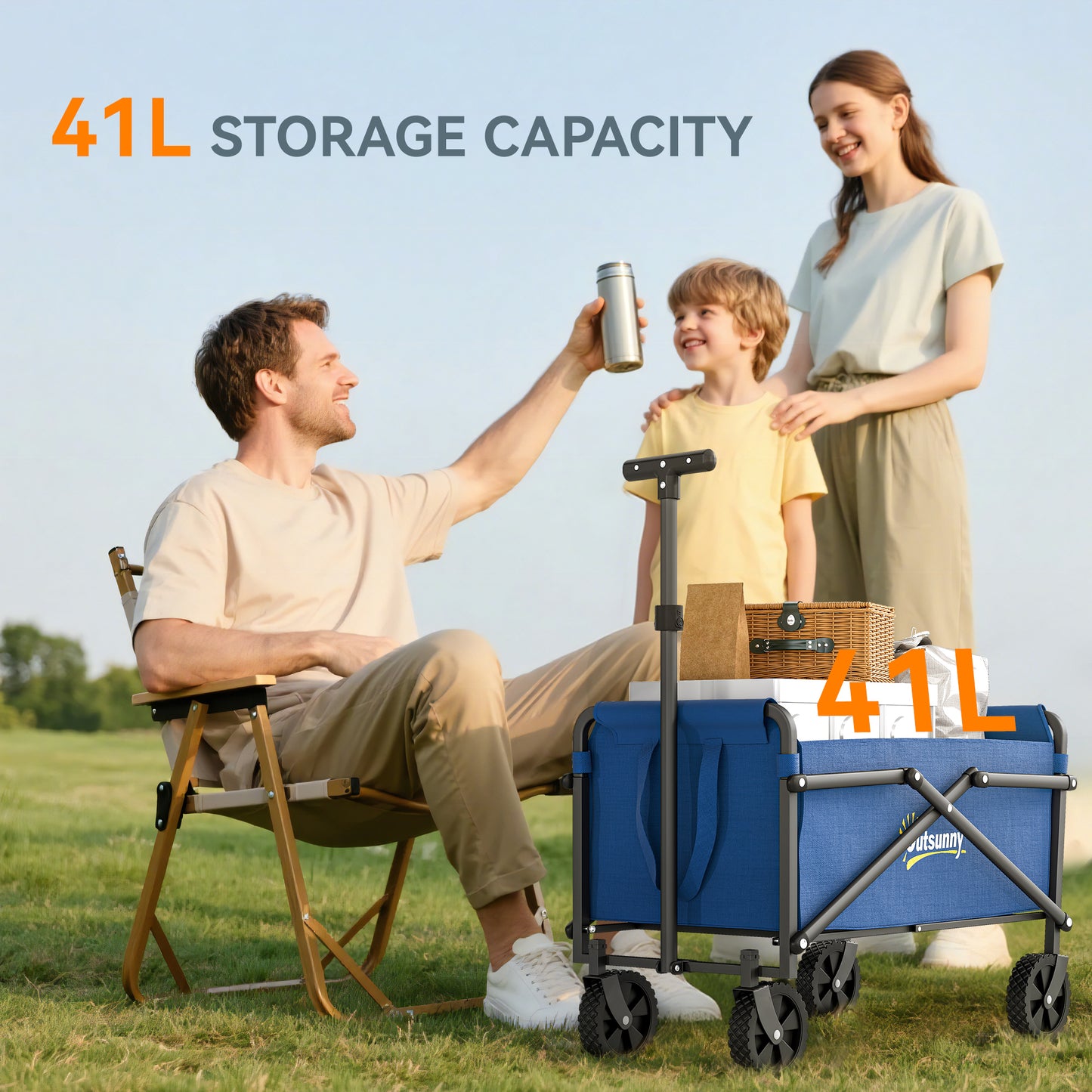 Outsunny 41L Festival Trolley On Wheels 60Kg Heavy Duty Collapsible Wagon With Adjustable Handle And Carry Bag Blue