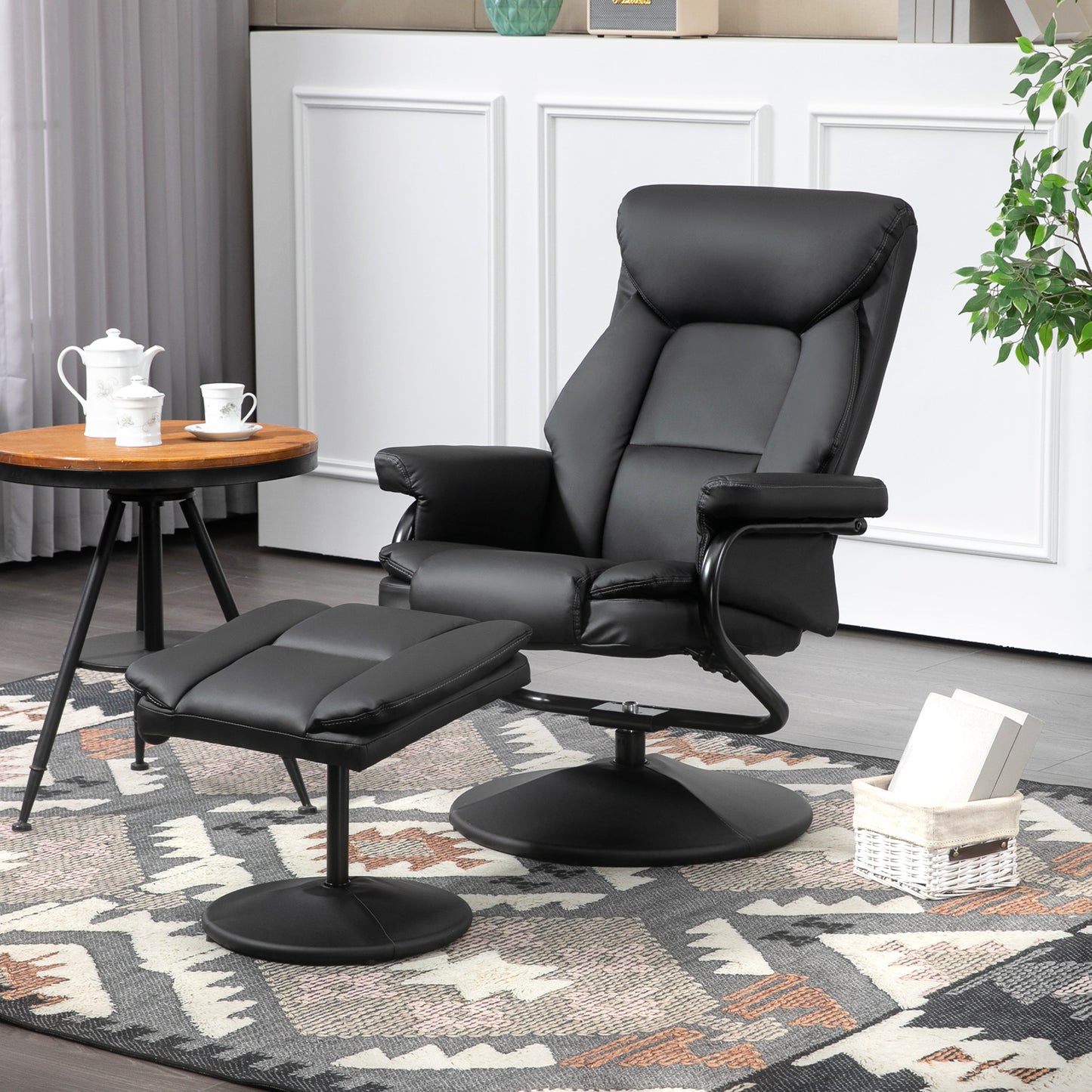 HOMCOM Swivel Recliner Chair With Ottoman In PU Leather With Steel Base For Living Room Bedroom Office Black