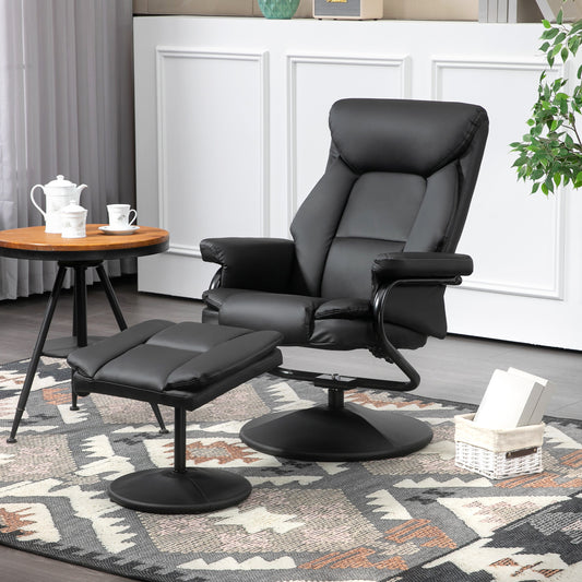 HOMCOM Swivel Recliner Chair With Ottoman In PU Leather With Steel Base For Living Room Bedroom Office Black