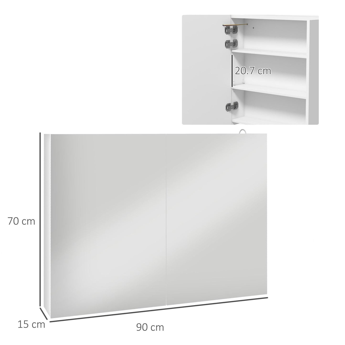 kleankin Bathroom Mirror Cabinet with Light, Bathroom Storage Cupboard with Adjustable Shelf, USB Charge, 90x15x70cm, White - ALL4U RETAILER LTD