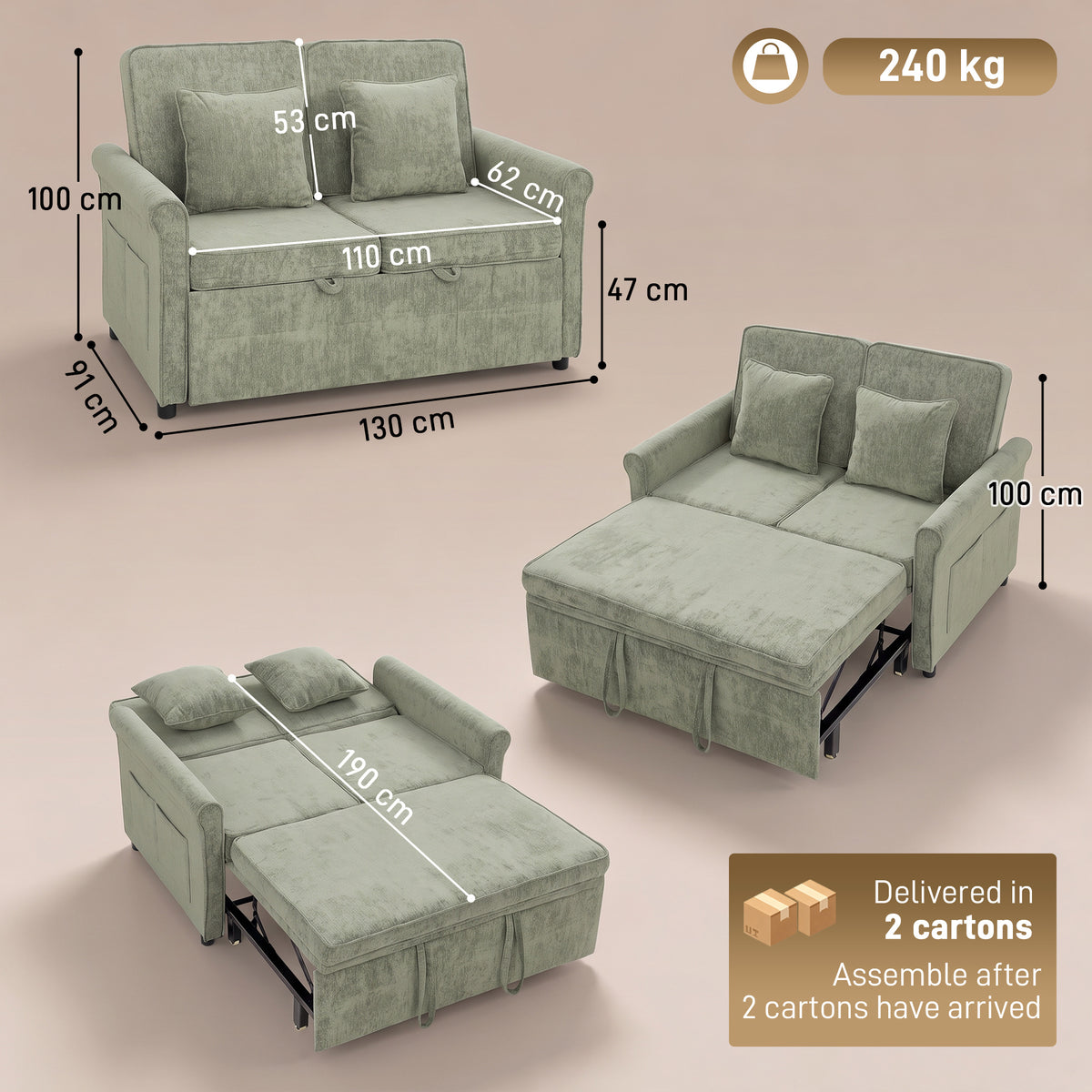 Homcom 2 Seater Sofa Bed Chenille Pull Out Sleeper With Adjustable Backrest