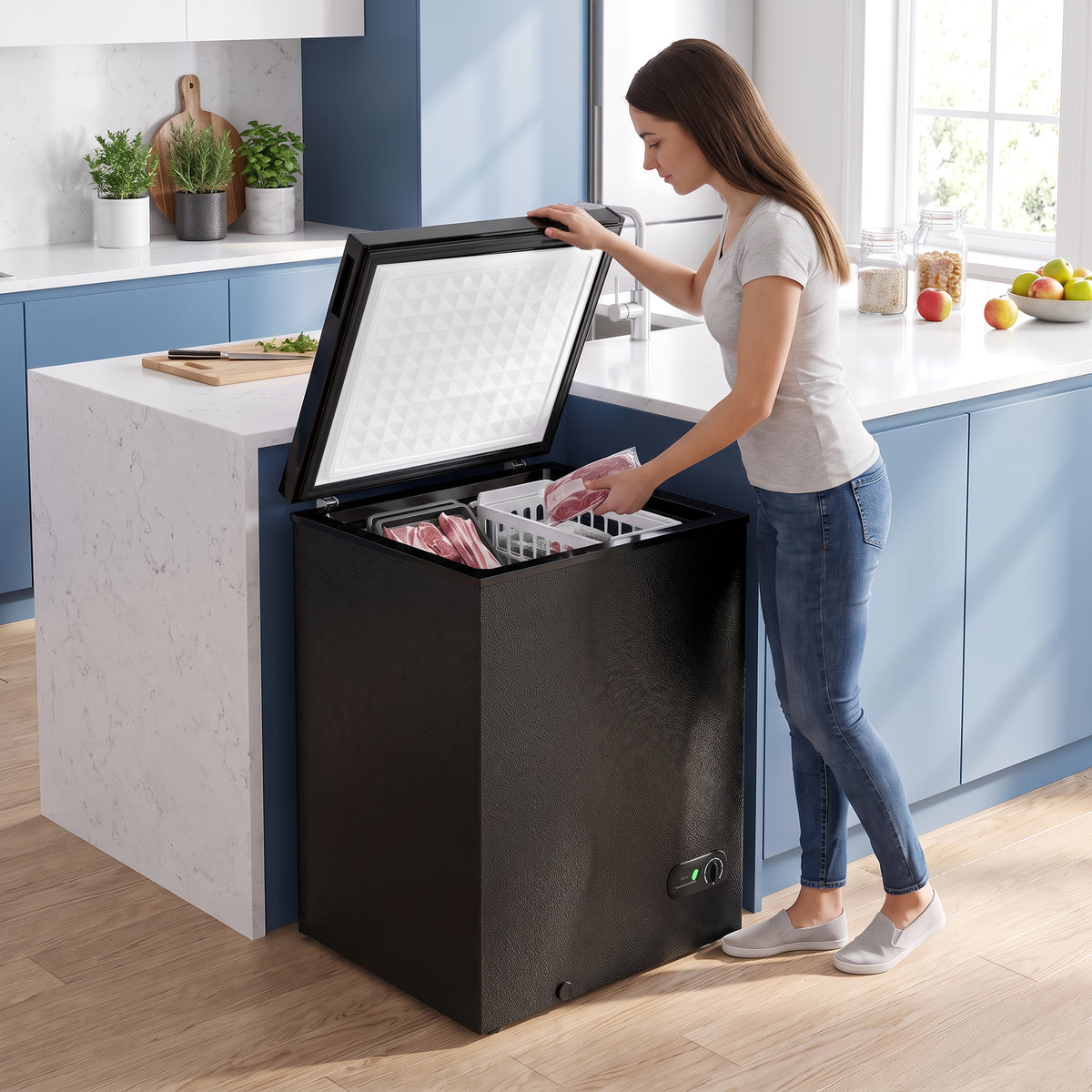 Black chest freezer with open lid, inner basket, and food storage compartment
