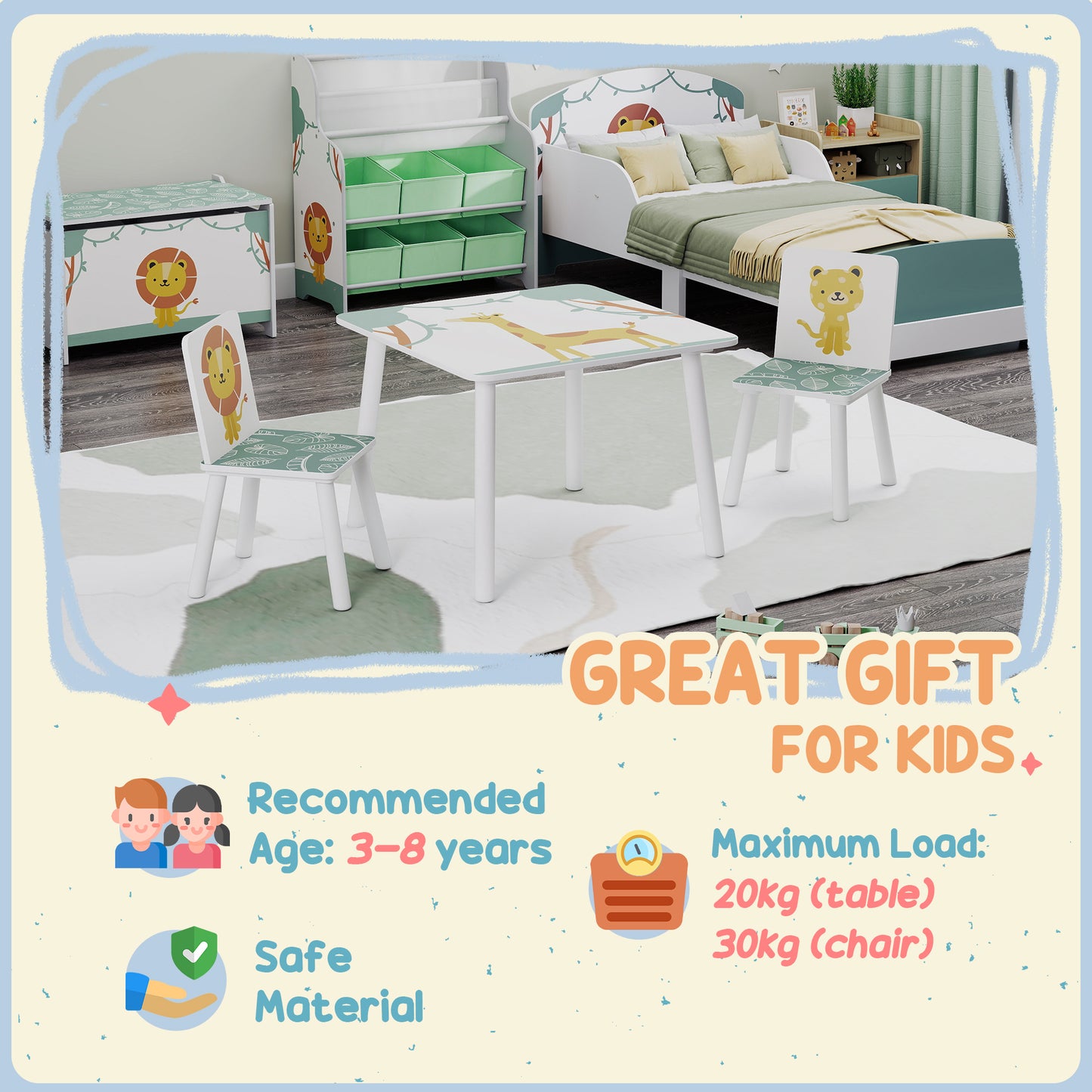 AIYAPLAY 3 Piece Toddler Table and Chair Set with 2 Chairs Green Animal Print Safe Edges for Playroom