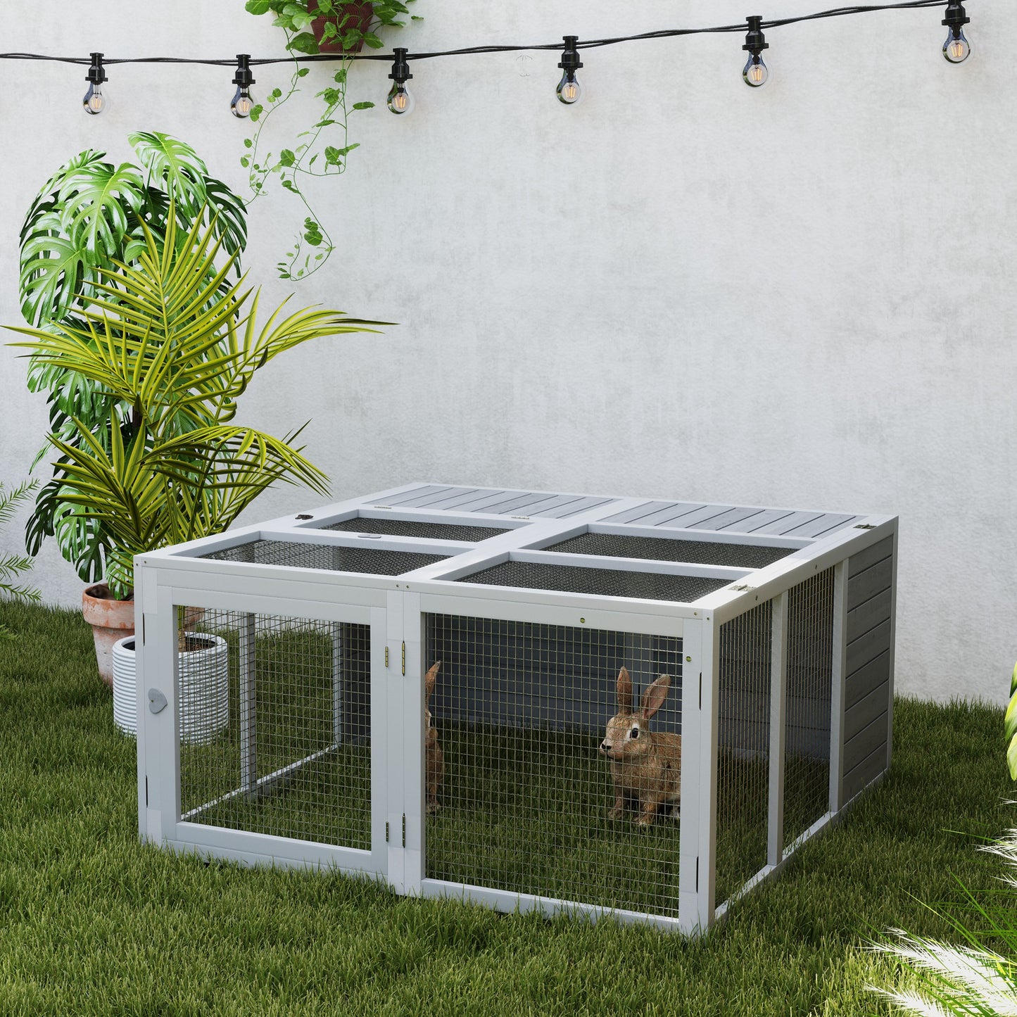 Light Grey PawHut Rabbit Hutch with Convenient Openable Roof - ALL4U RETAILER LTD