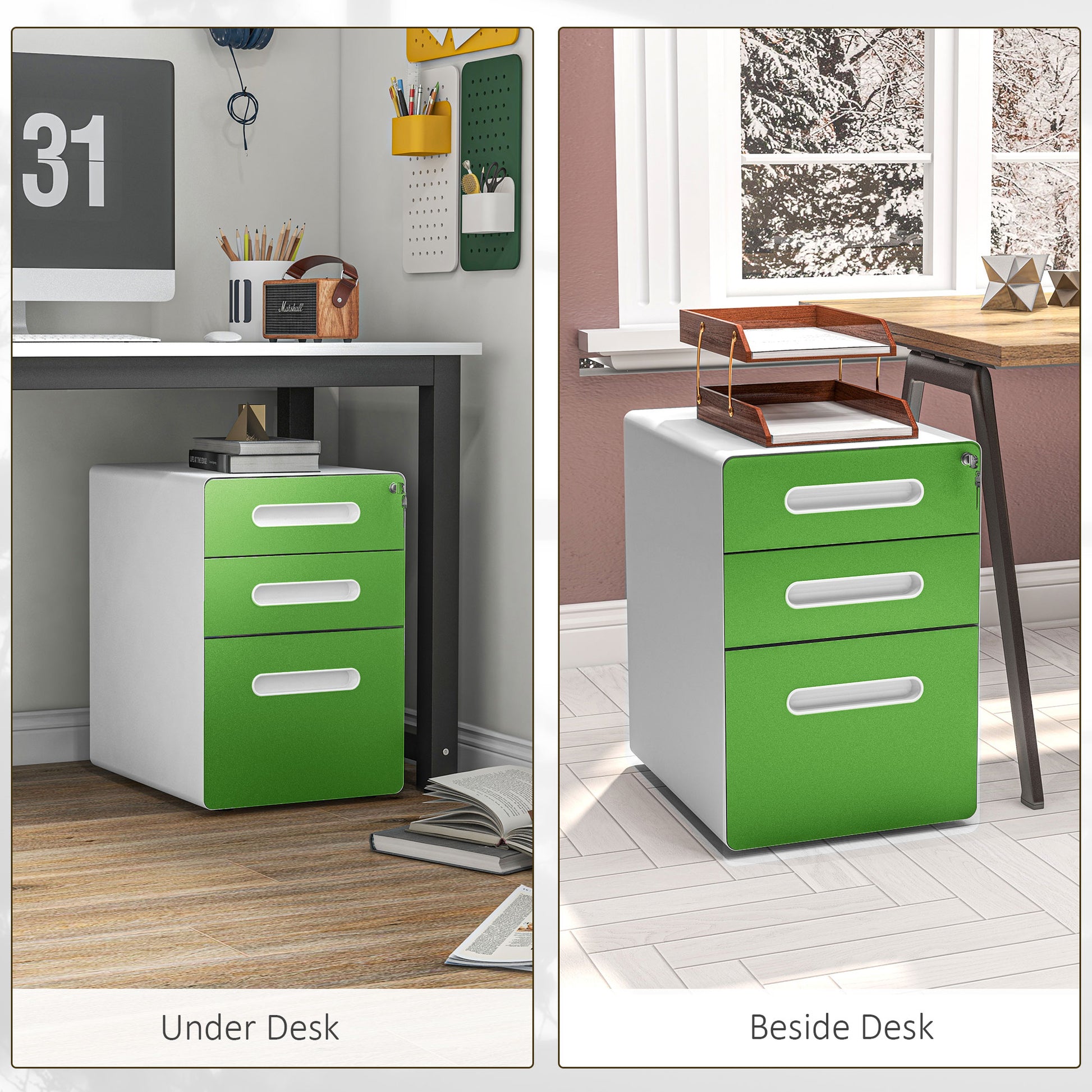 Vinsetto Green 3 Drawer Lockable Steel Filing Cabinet on Wheels for A4, Letter, and Legal Files - ALL4U RETAILER LTD