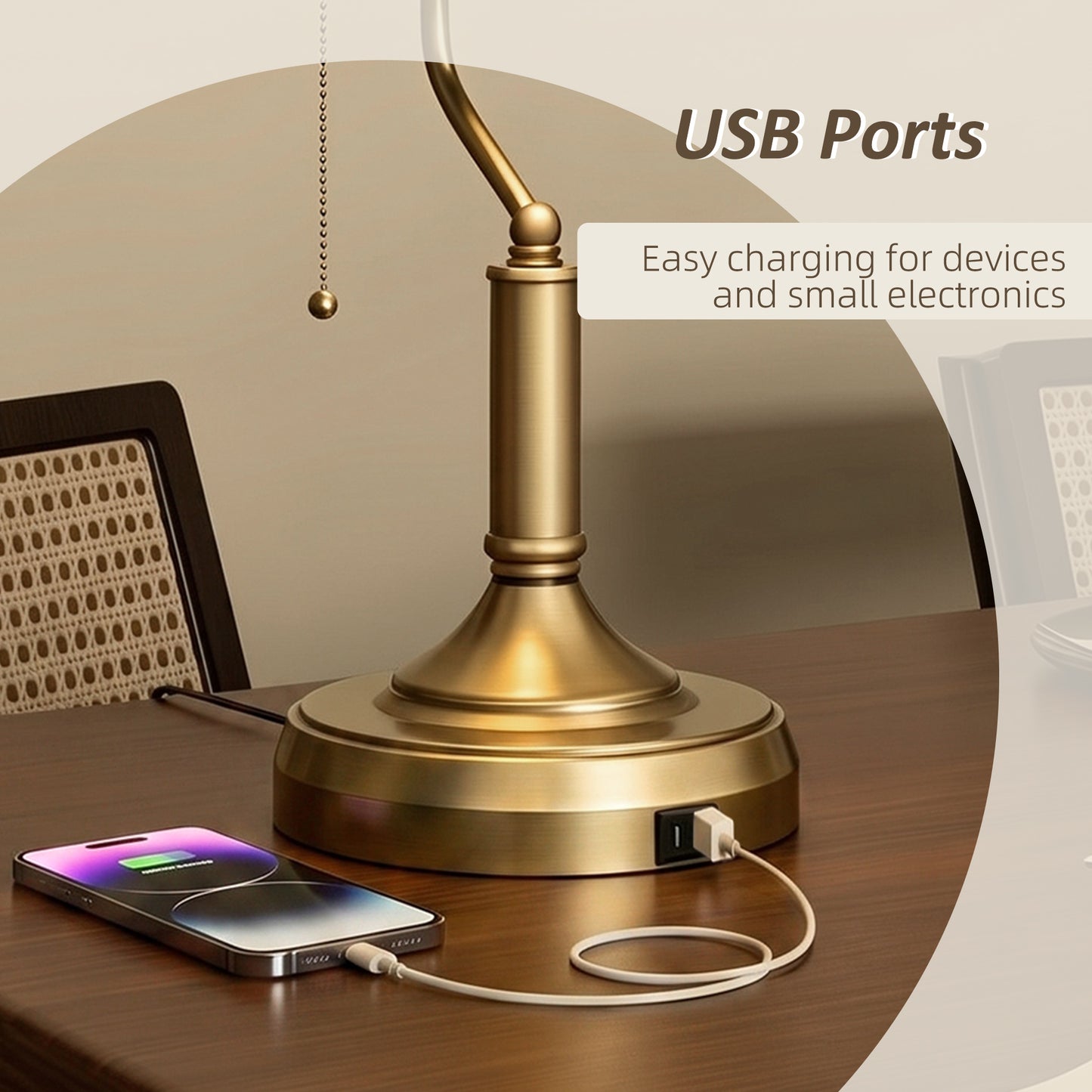 HOMCOM Bankers Style Desk Lamp With USB Ports And Pull Rope Switch, Vintage Bronze Tone Base, Green Glass Shade