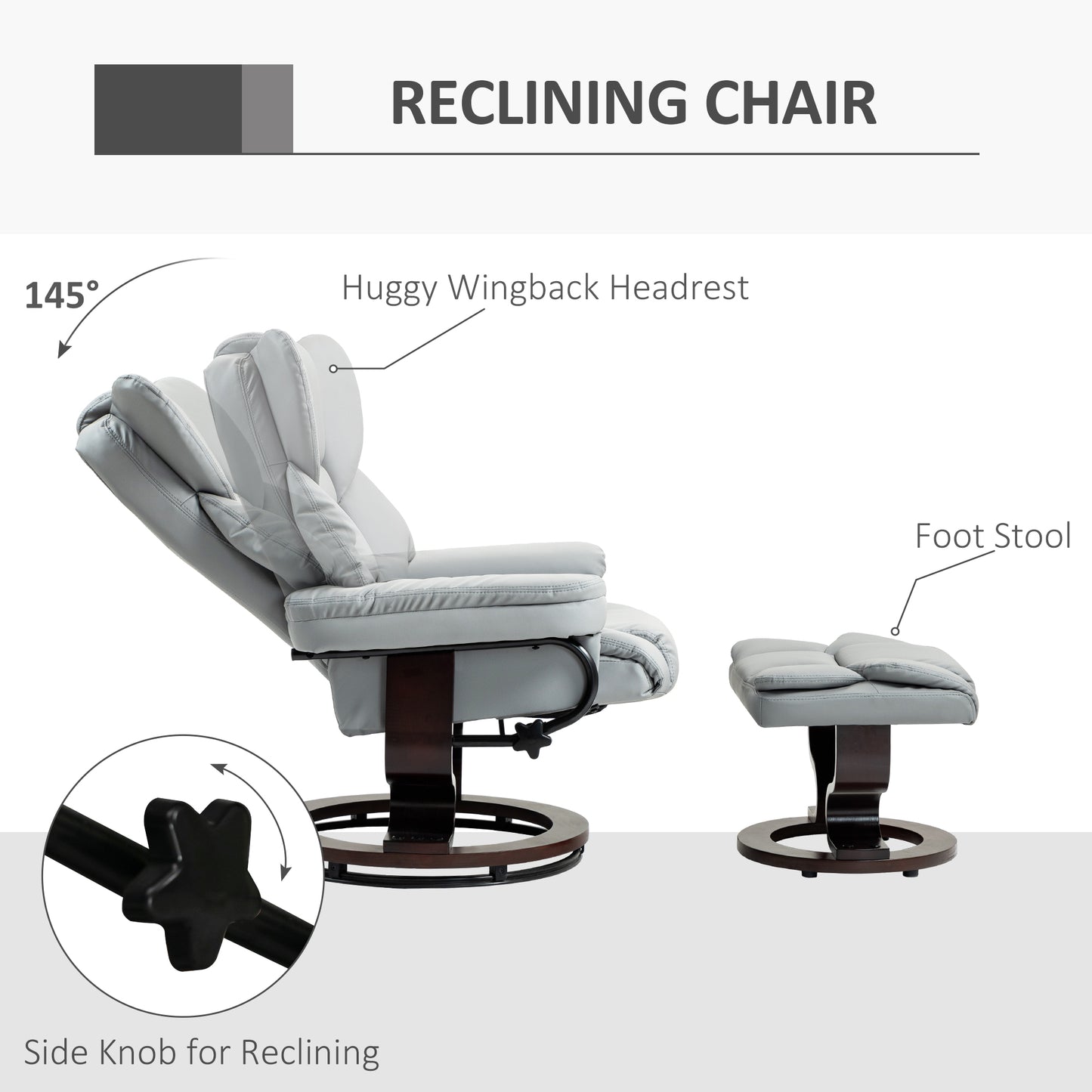 HOMCOM 360 Degree Swivel Recliner Chair With Footstool Light Grey PU Leather Manual Armchair With Solid Wood Base