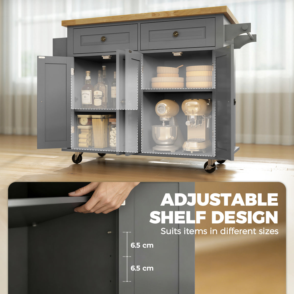 Rolling kitchen island with adjustable shelf inside cabinet doors and smooth drawer fronts