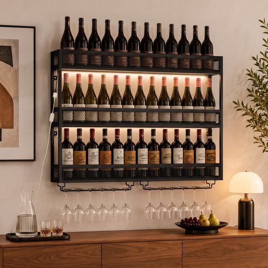 Homcom Wall Mounted Wine Rack With Led Lights And Six Glass Holders