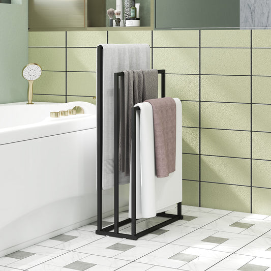 HOMCOM Freestanding Space Saving Steel Towel Rack With 3 Bars For Bathroom And Laundry Black