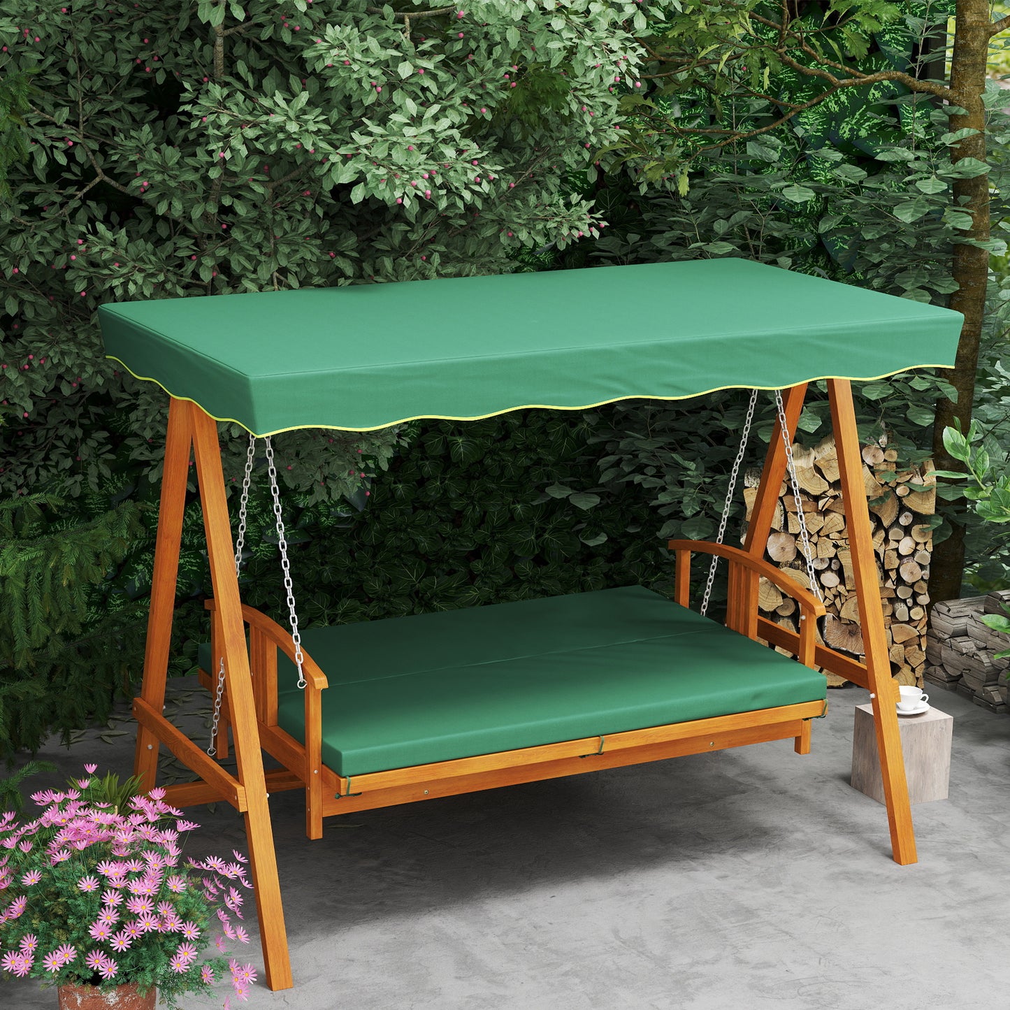 Outsunny 3 Seater 2 In 1 Wooden Garden Swing Seat Outdoor Convertible Hammock Bench Lounger Bed Dark Green