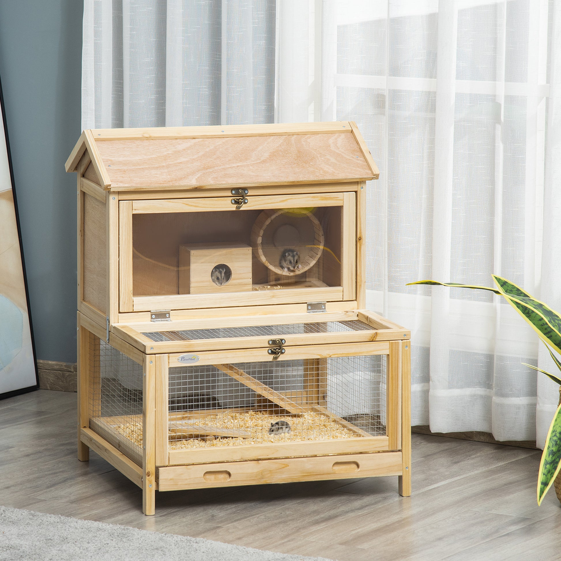 PawHut Multi-Level Wooden Hamster Habitat with Exercise Features and Easy-Clean Design - ALL4U RETAILER LTD