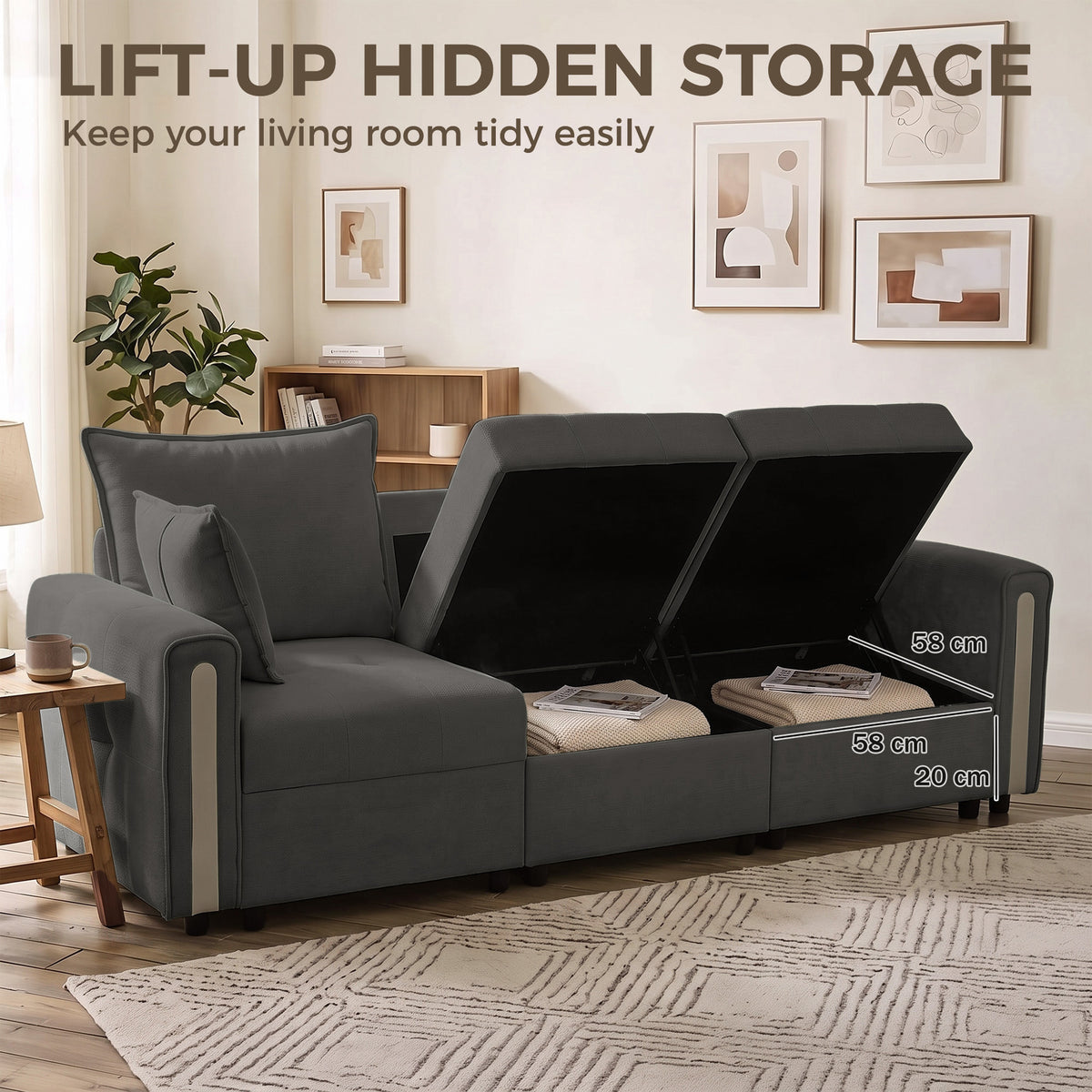 Dark grey 3-seat sofa with open lift-up hidden storage compartment