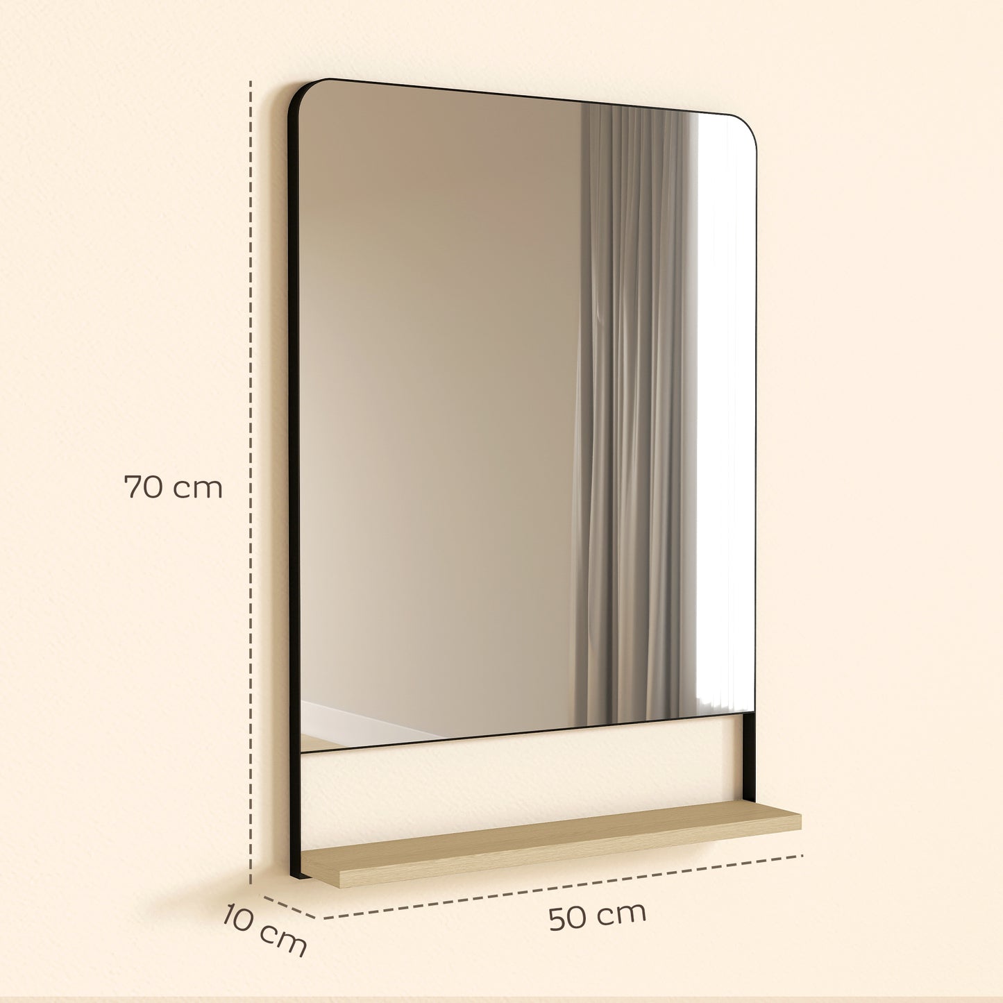 HOMCOM Wall Mirror With Wood Shelf Black Industrial Metal Frame Entryway Organizer And Decor