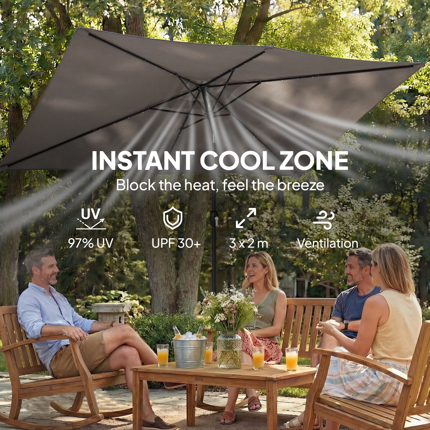 Outsunny 3x2m Garden Parasol Umbrella With LED Solar Light Parasol Cover Outdoor Market Patio Umbrella Dark Grey