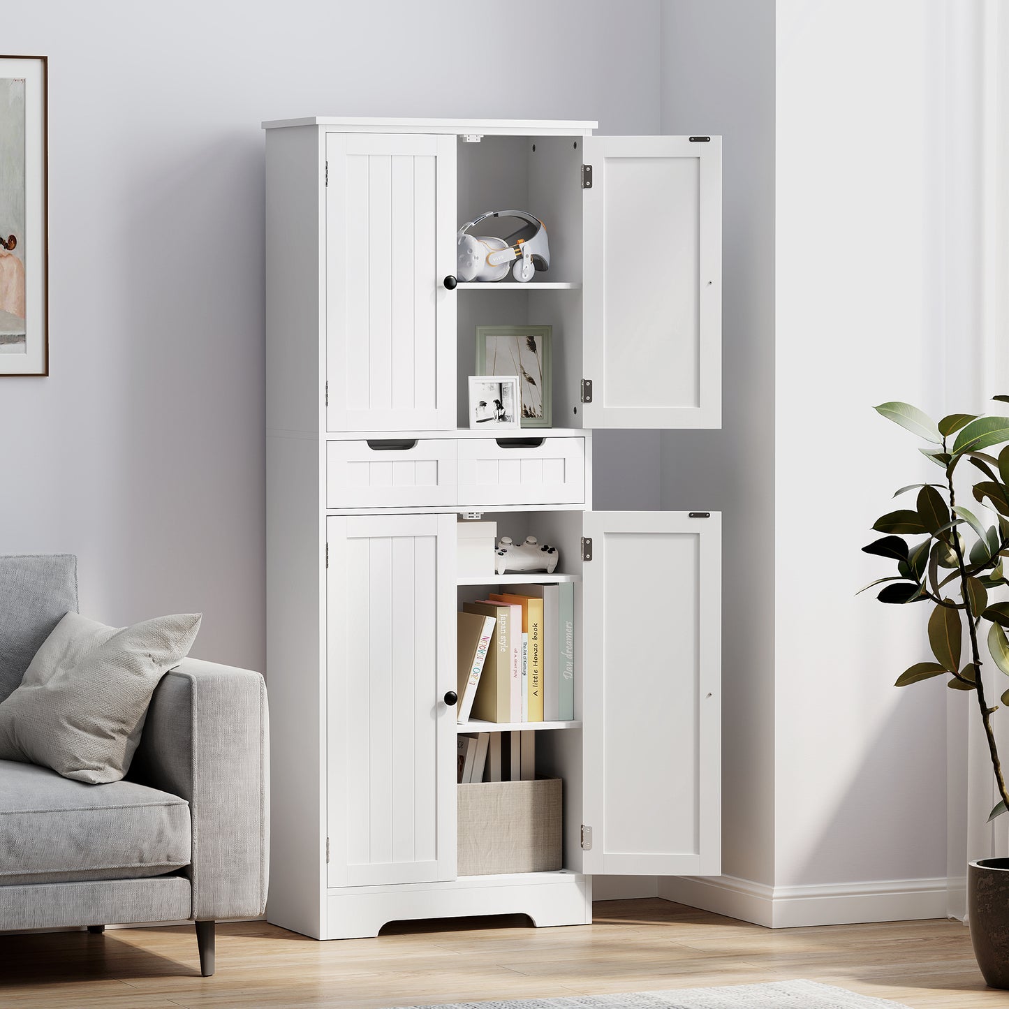 HOMCOM Tall White Bathroom Storage Cabinet With Drawer And Double Cupboards For Bathroom Or Kitchen Pantry And Sideboard