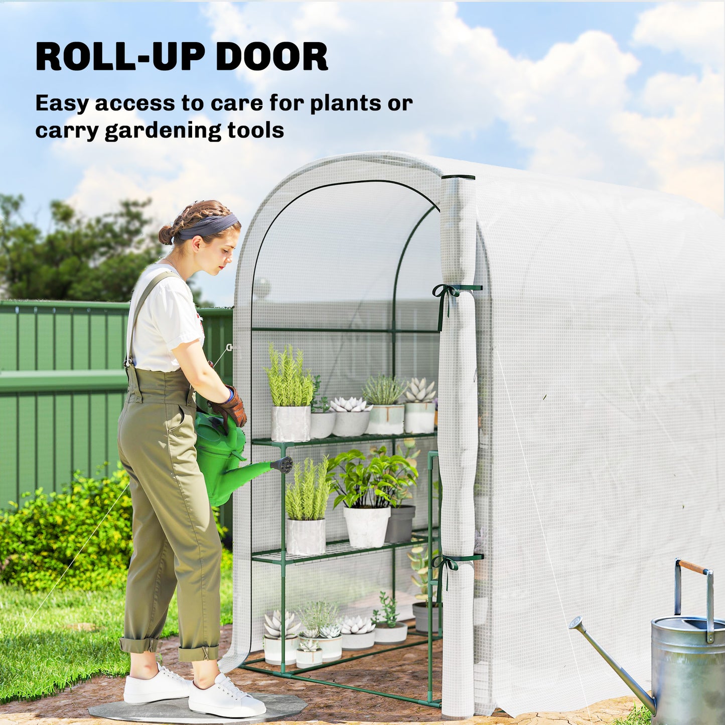 Outsunny Walk In Greenhouse With Shelves PE Cover And Roll Up Door 123 x 187 x 189 cm White
