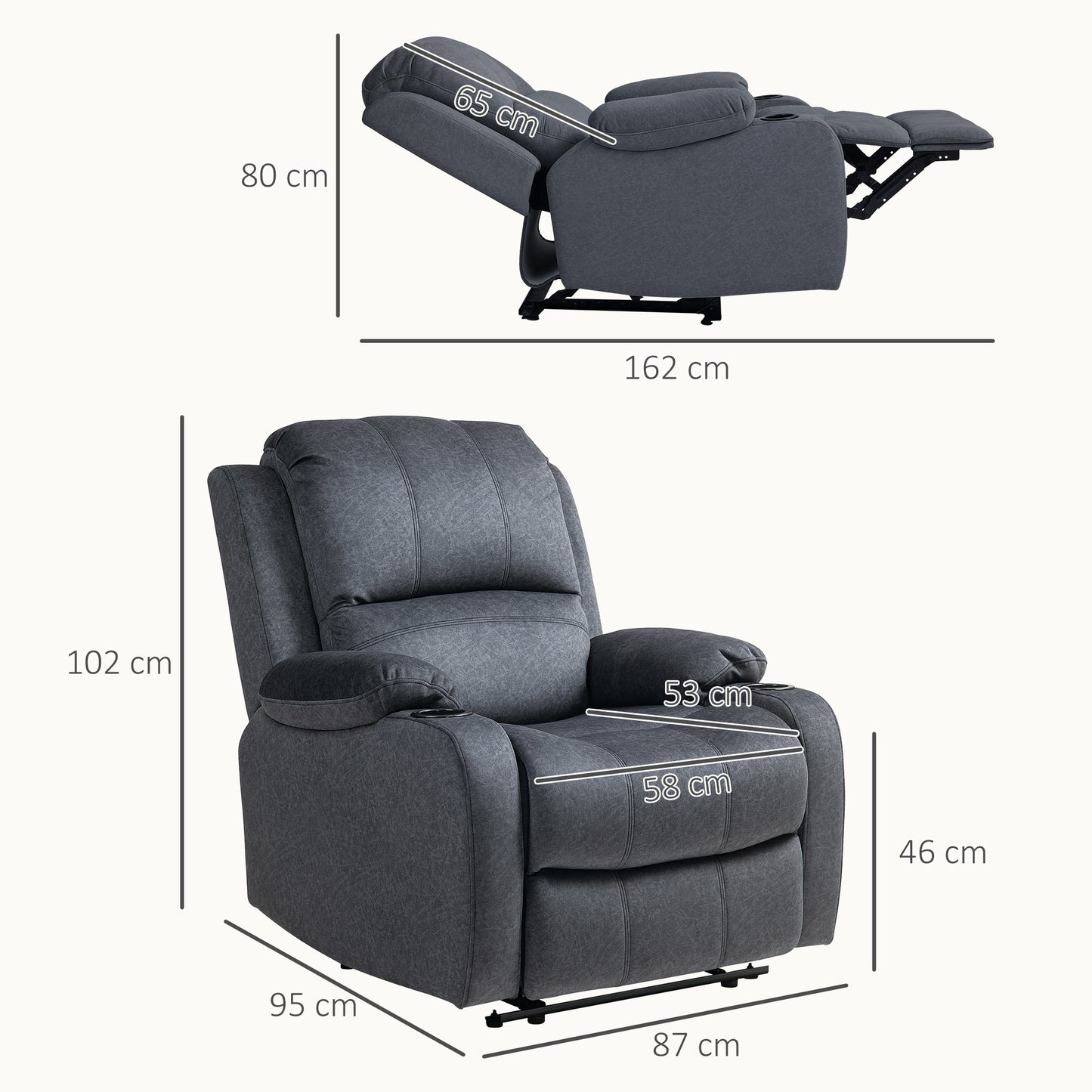 HOMCOM Microfibre Manual Reclining Armchair With Footrest And Cup Holders Black For Living Room