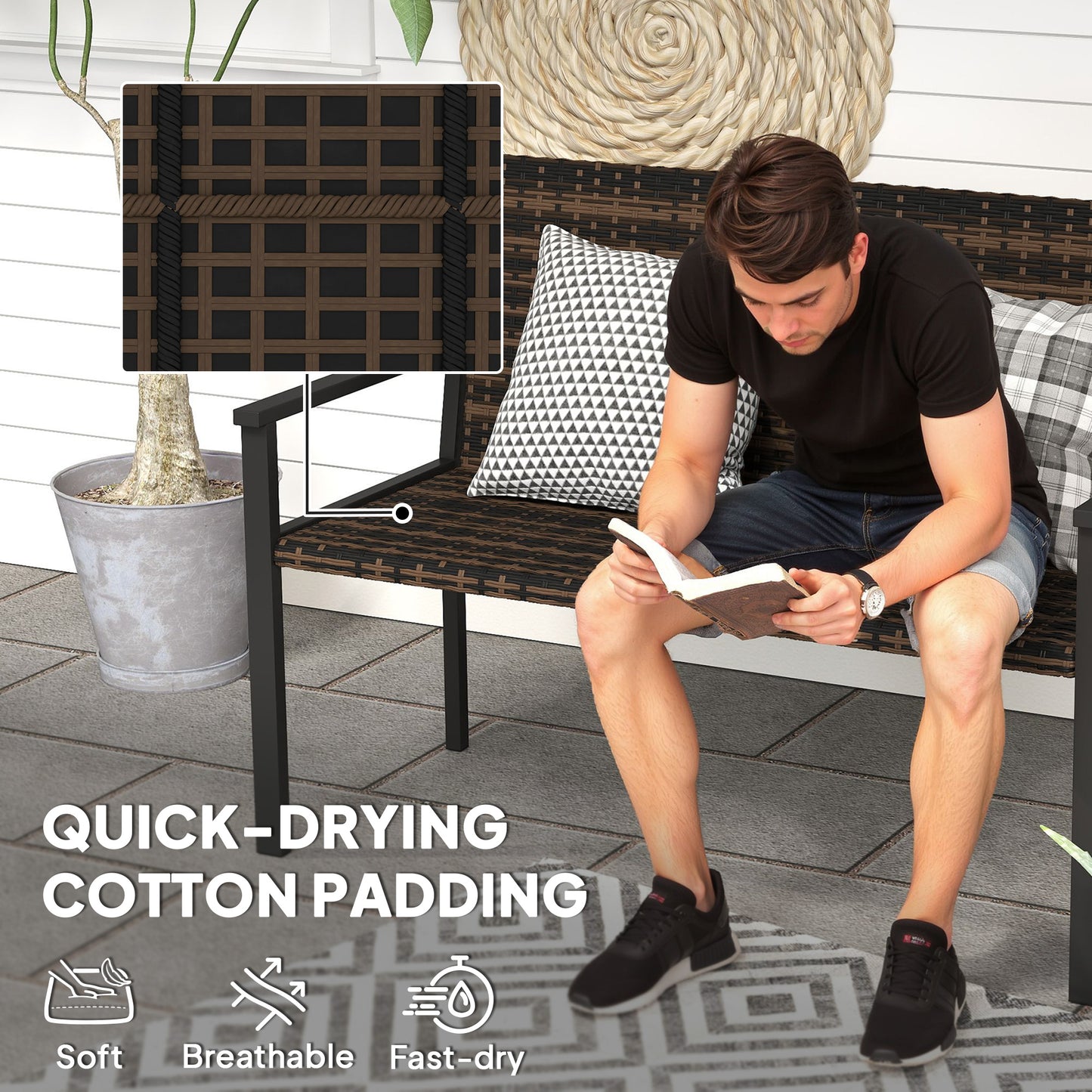 Outsunny Two Seater Rattan Garden Bench With Quick Drying Padding And Armrests Steel Frame Patio Loveseat Mixed Brown