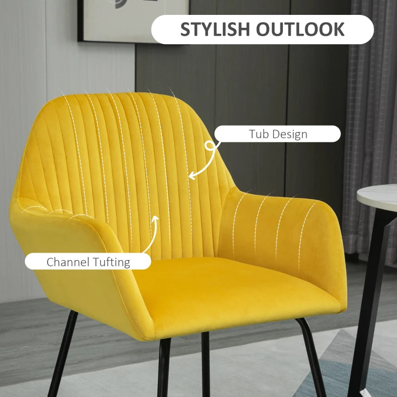 HOMCOM Set Of 2 Modern Accent Chairs in Yellow Velvet-Touch Fabric Upholstery, with Sleek Metal Bases for Living, Bedroom, and Dining Rooms