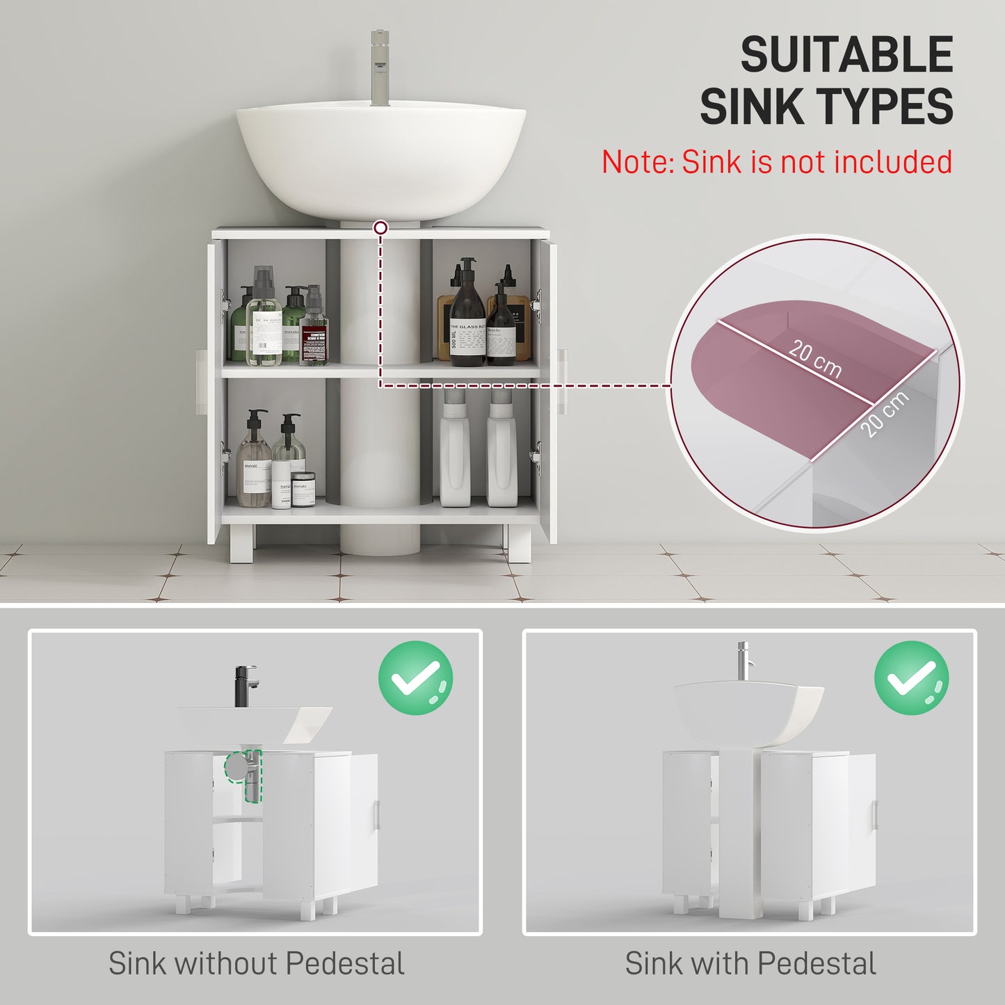 HOMCOM Under Sink Cabinet For Bathroom Basin Or Pedestal High Gloss White With Middle Shelf